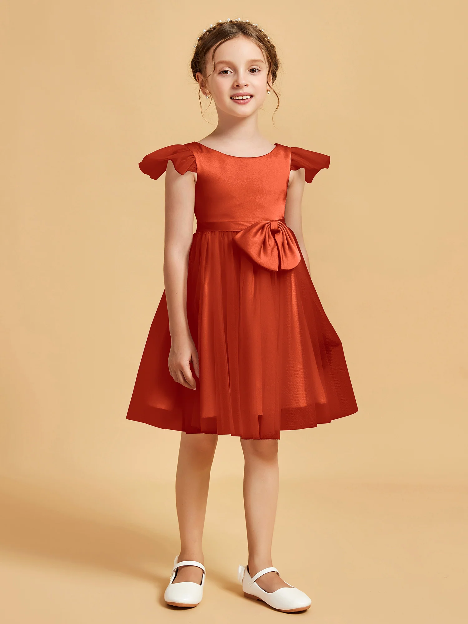 Flutter Sleeve Girl's Short Dress With Bow Burnt Orange