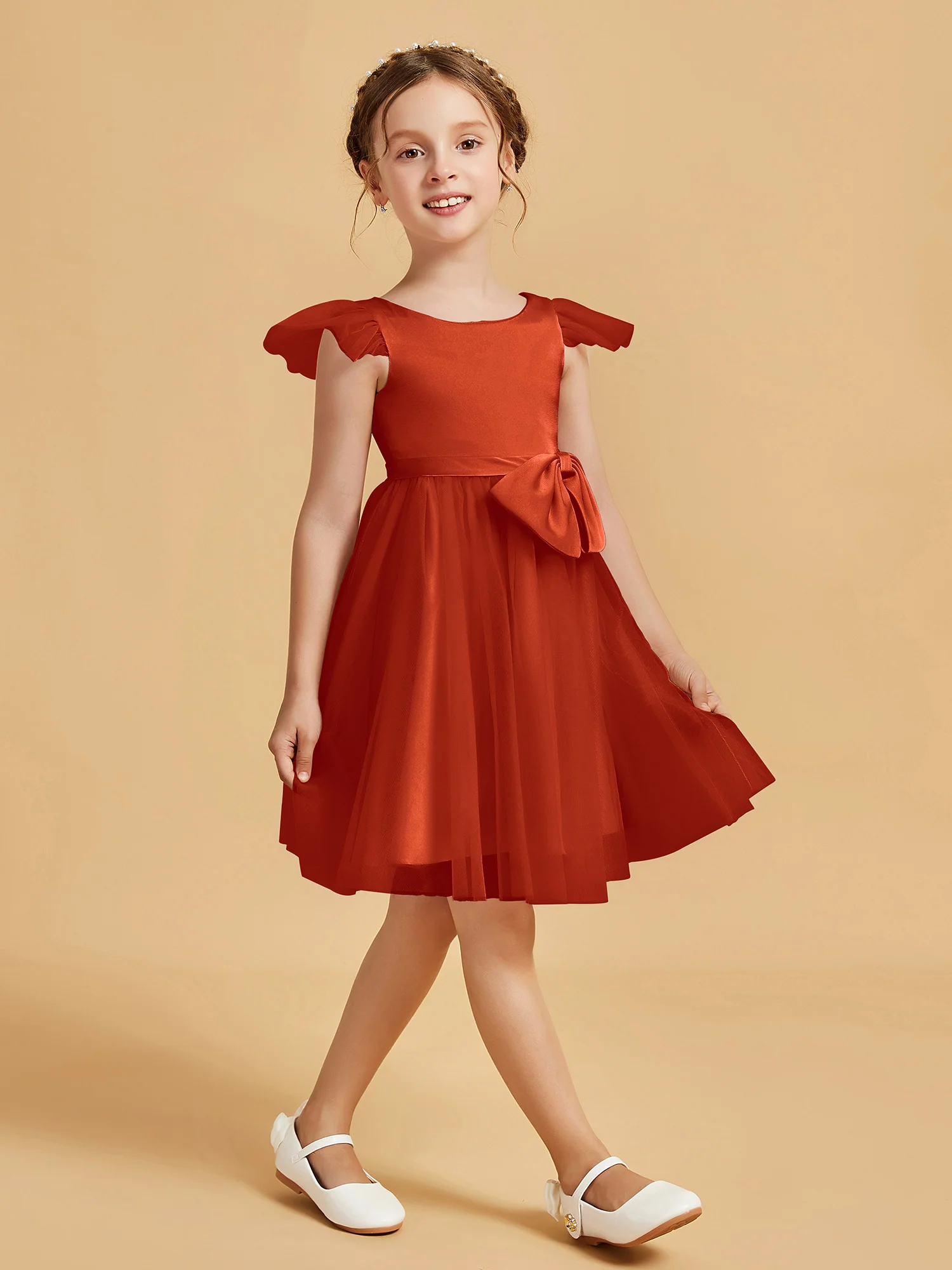 Flutter Sleeve Girl's Short Dress With Bow Burnt Orange - Image 3