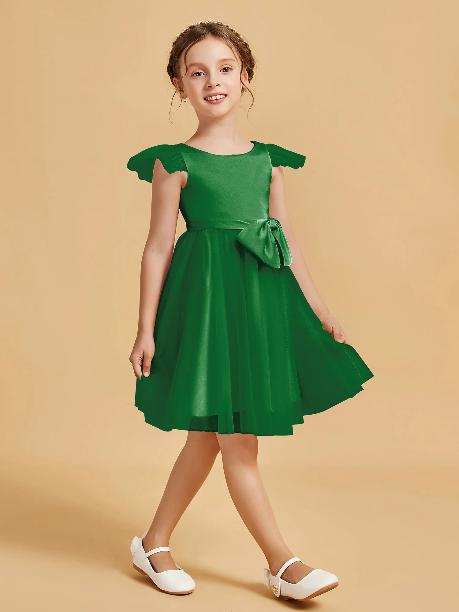 Flutter Sleeve Girl's Short Dress With Bow Emerald - Image 3
