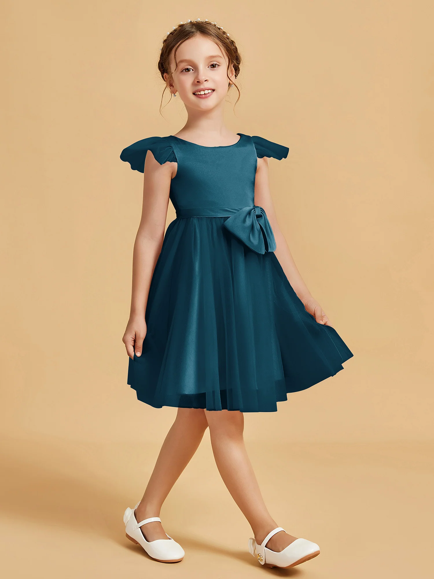 Flutter Sleeve Girl's Short Dress With Bow Ink Blue - Image 3