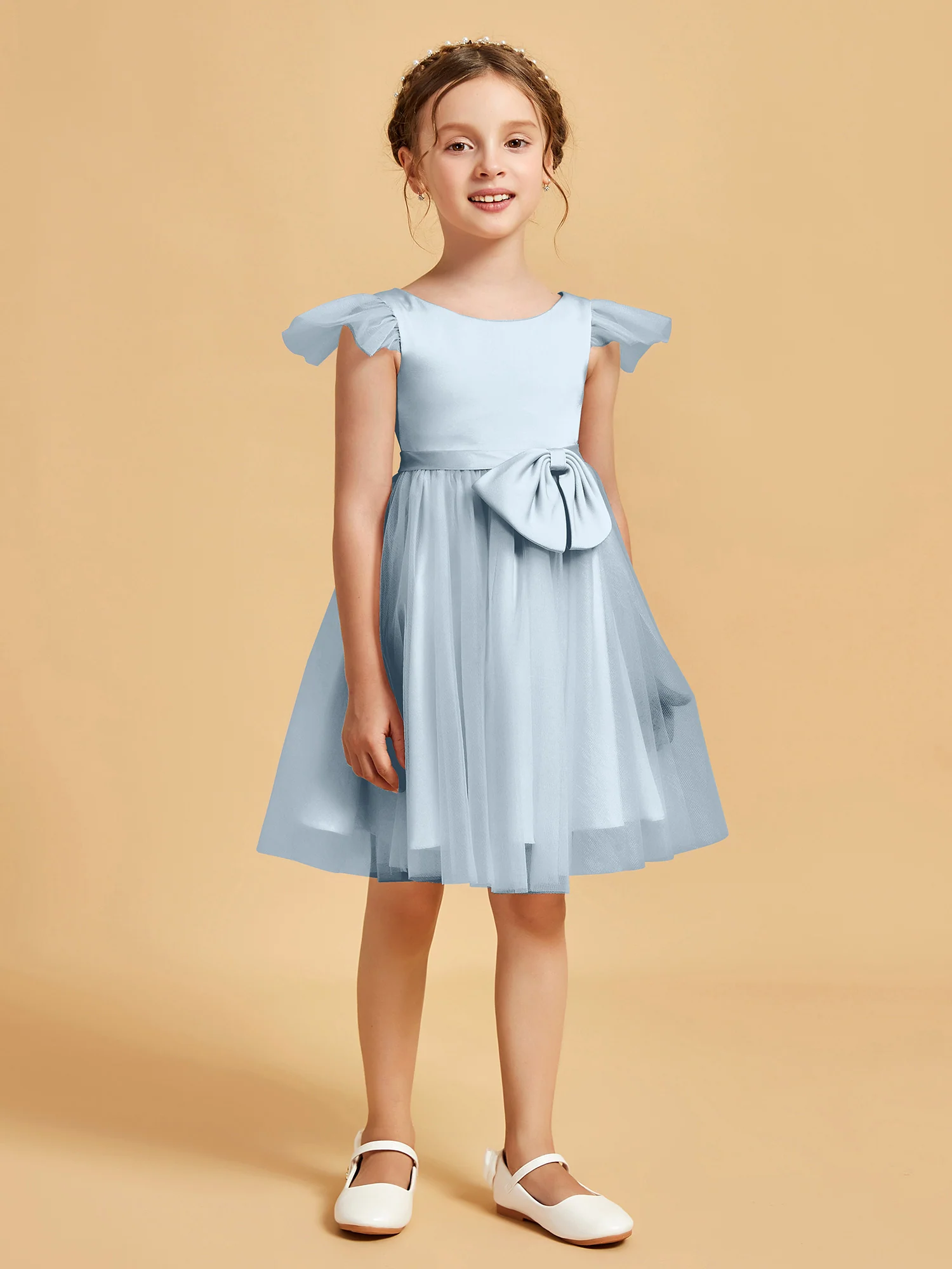 Flutter Sleeve Girl's Short Dress With Bow Mist