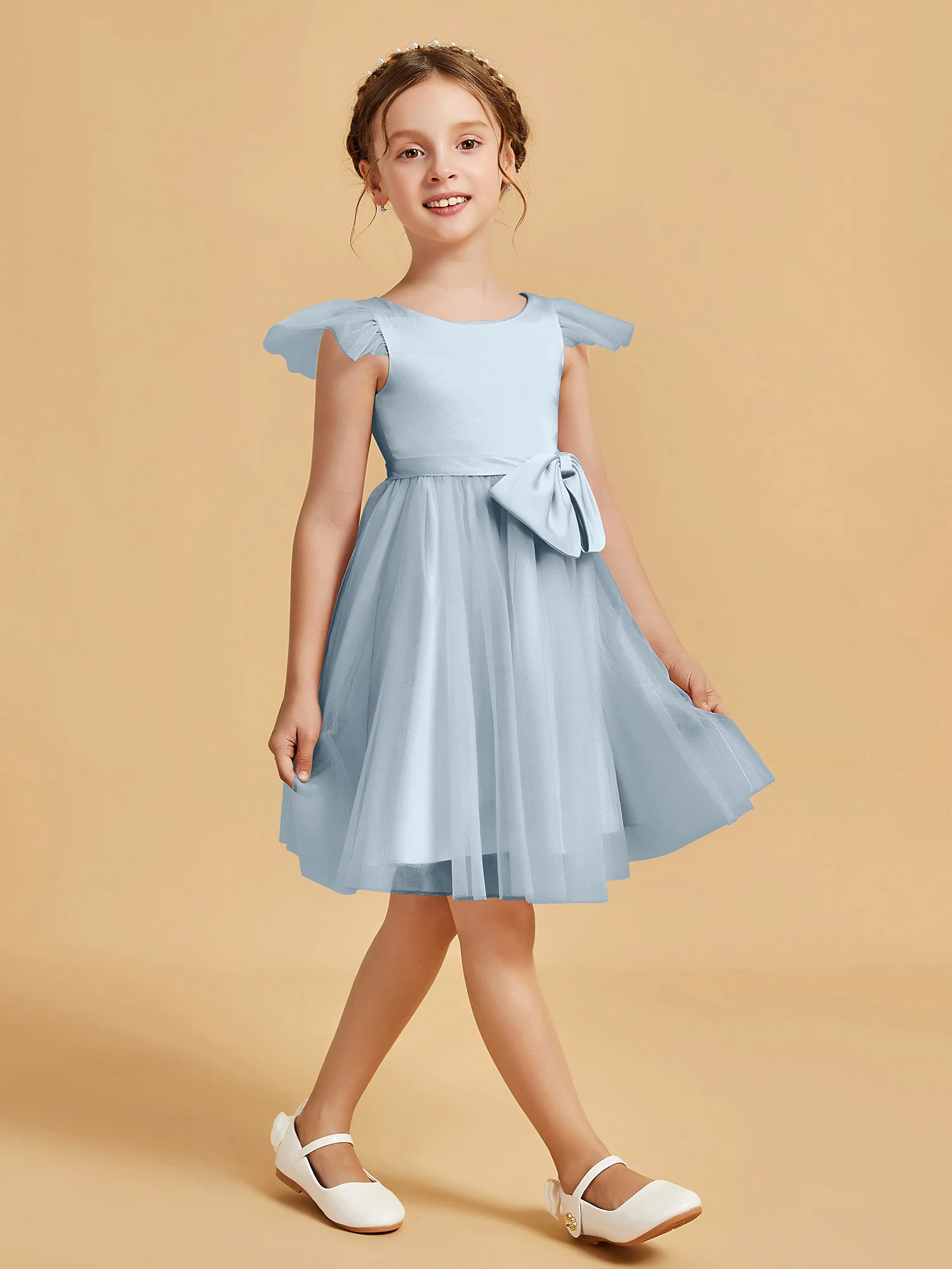 Flutter Sleeve Girl's Short Dress With Bow Mist - Image 3