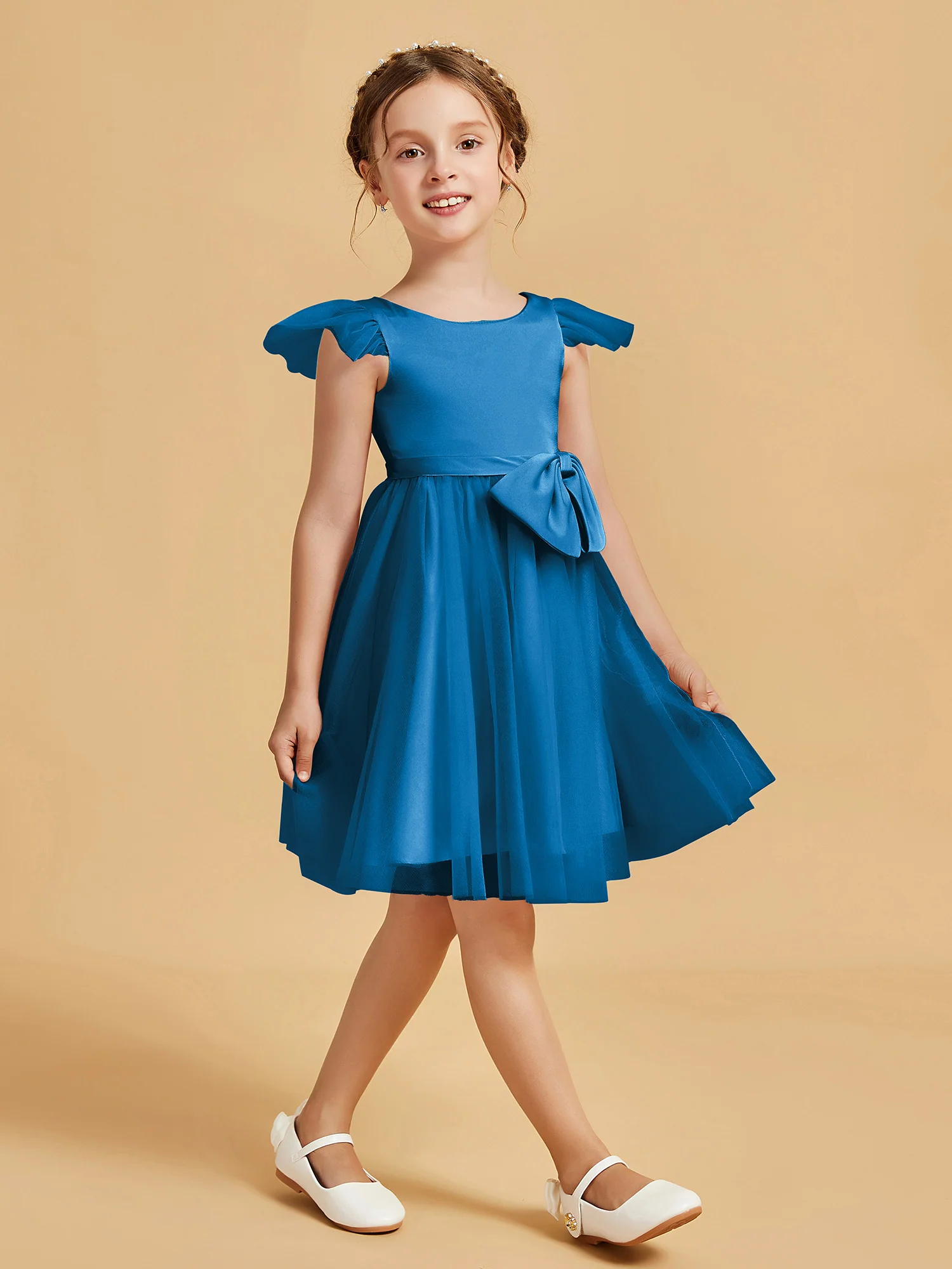Flutter Sleeve Girl's Short Dress With Bow Ocean Blue - Image 3