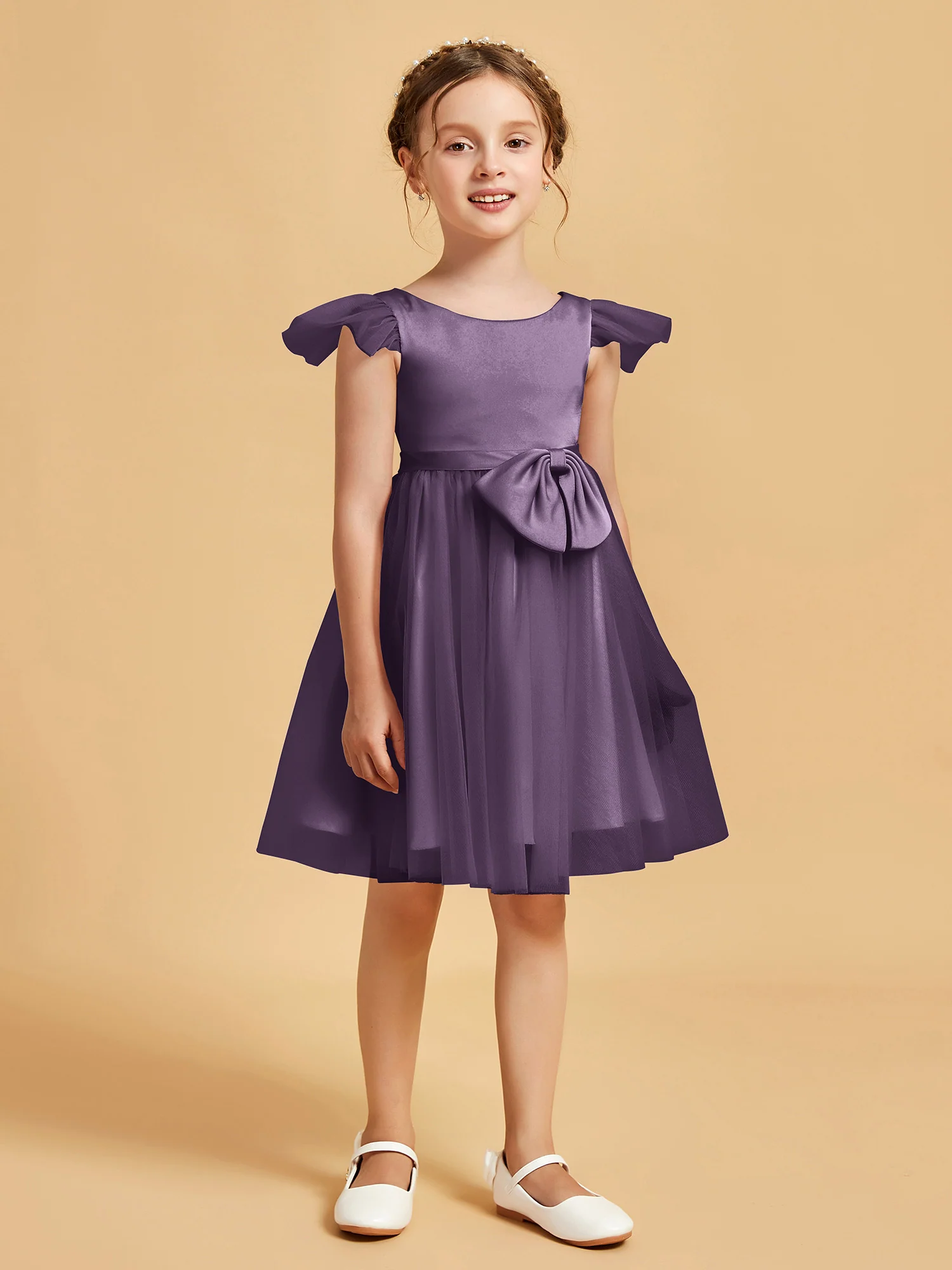 Flutter Sleeve Girl's Short Dress With Bow Plum