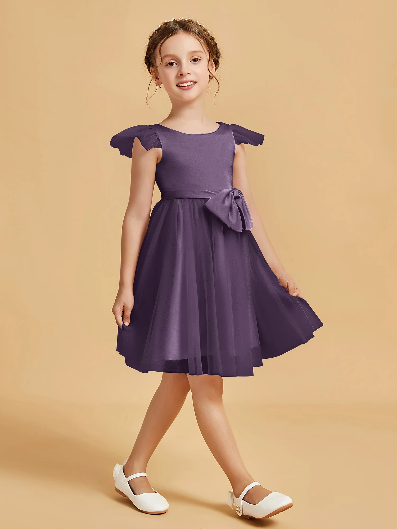 Flutter Sleeve Girl's Short Dress With Bow Plum - Image 3