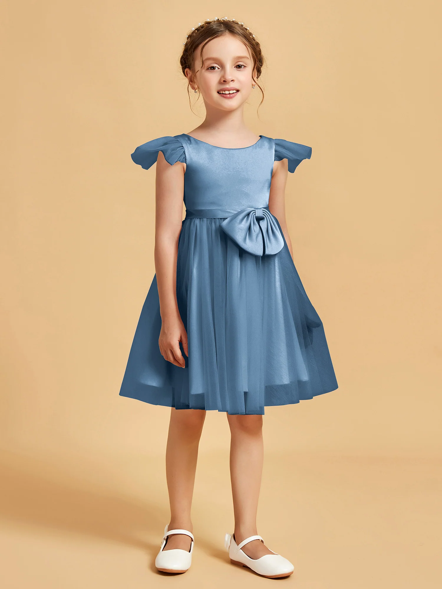 Flutter Sleeve Girl's Short Dress With Bow Slate Blue