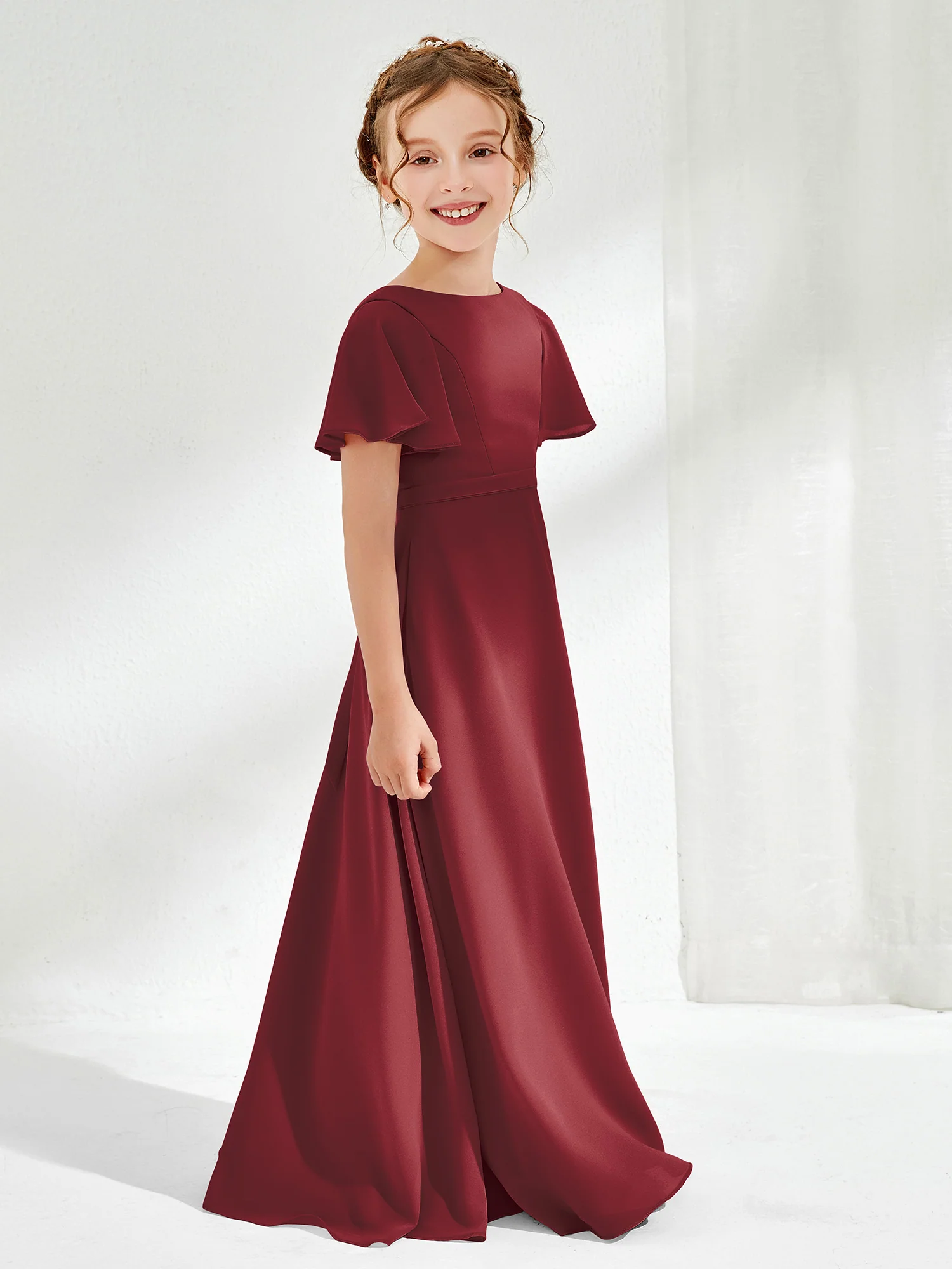 Flutter Sleeves A-line Chiffon Junior Bridesmaid Dress Cinnamon Rose - Image 3