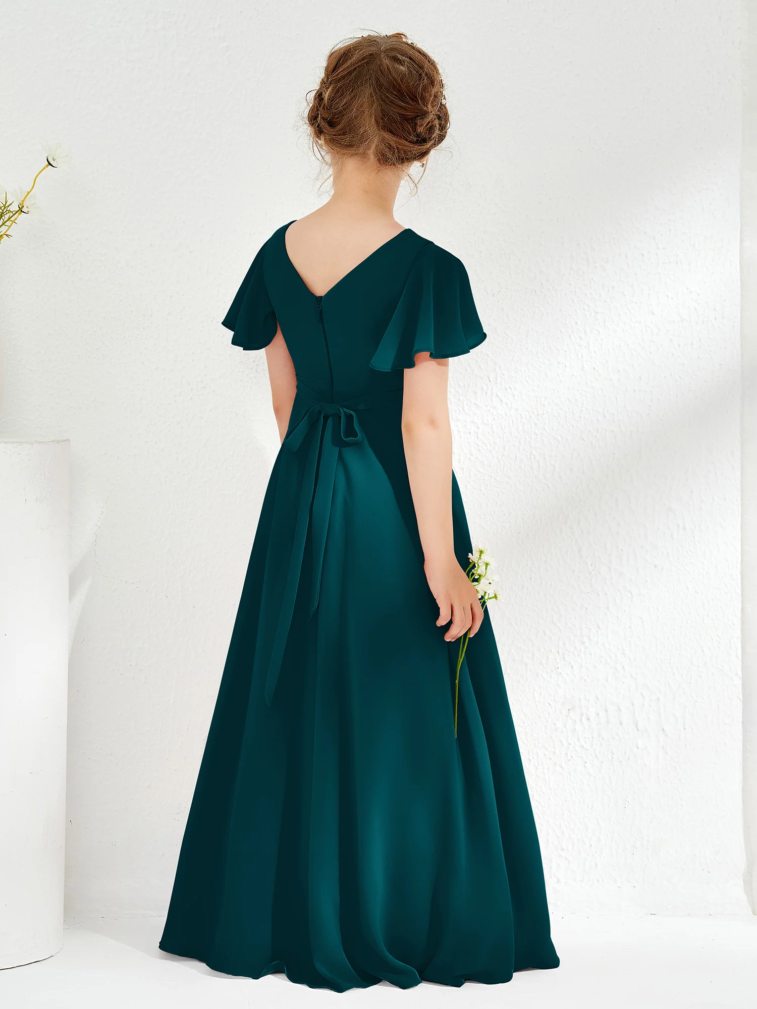 Flutter Sleeves A-line Chiffon Junior Bridesmaid Dress Pine - Image 2