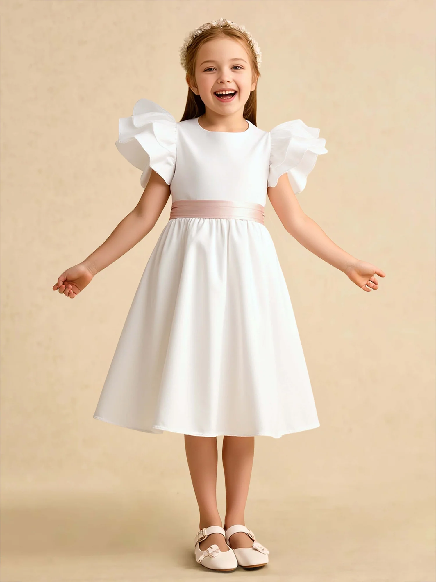 Flutter Sleeves A-Line Flower Girl Dress With Bow Sash White