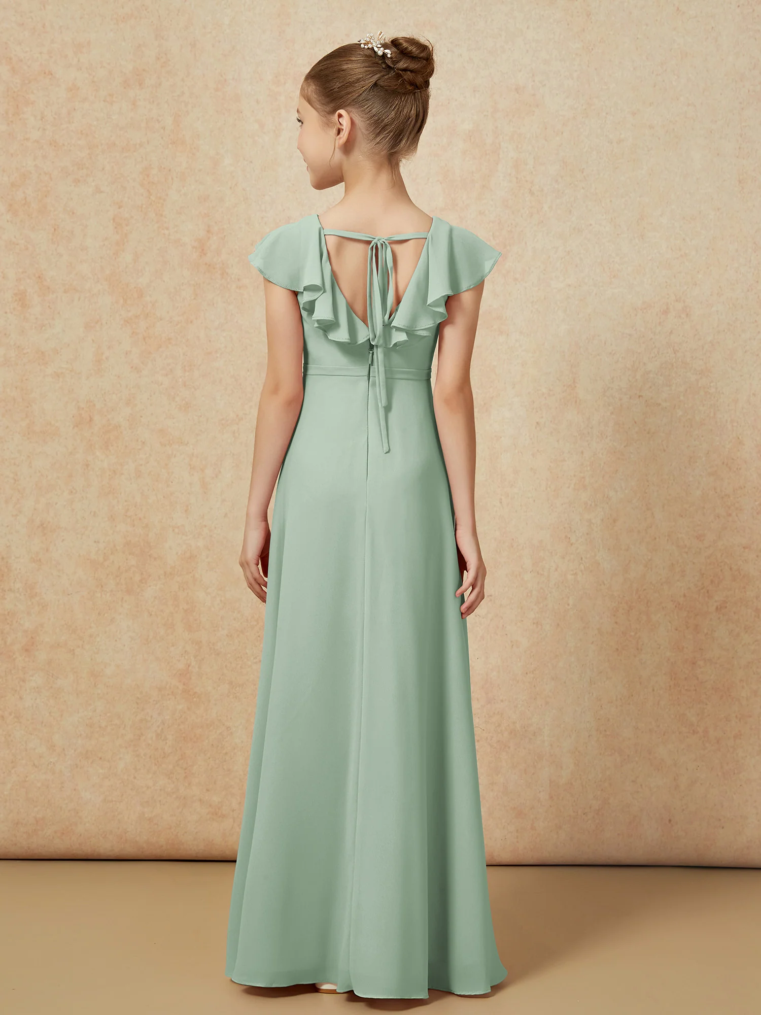 Flutter Sleeves Chiffon A-Line Junior Bridesmaid Dresses Agave - Image 2
