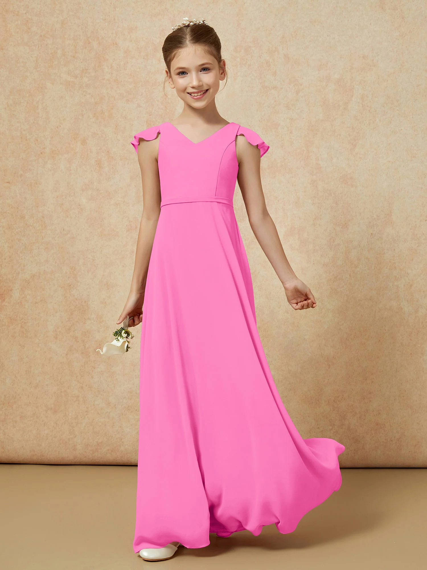 Flutter Sleeves Chiffon A-Line Junior Bridesmaid Dresses Azalea - Image 3