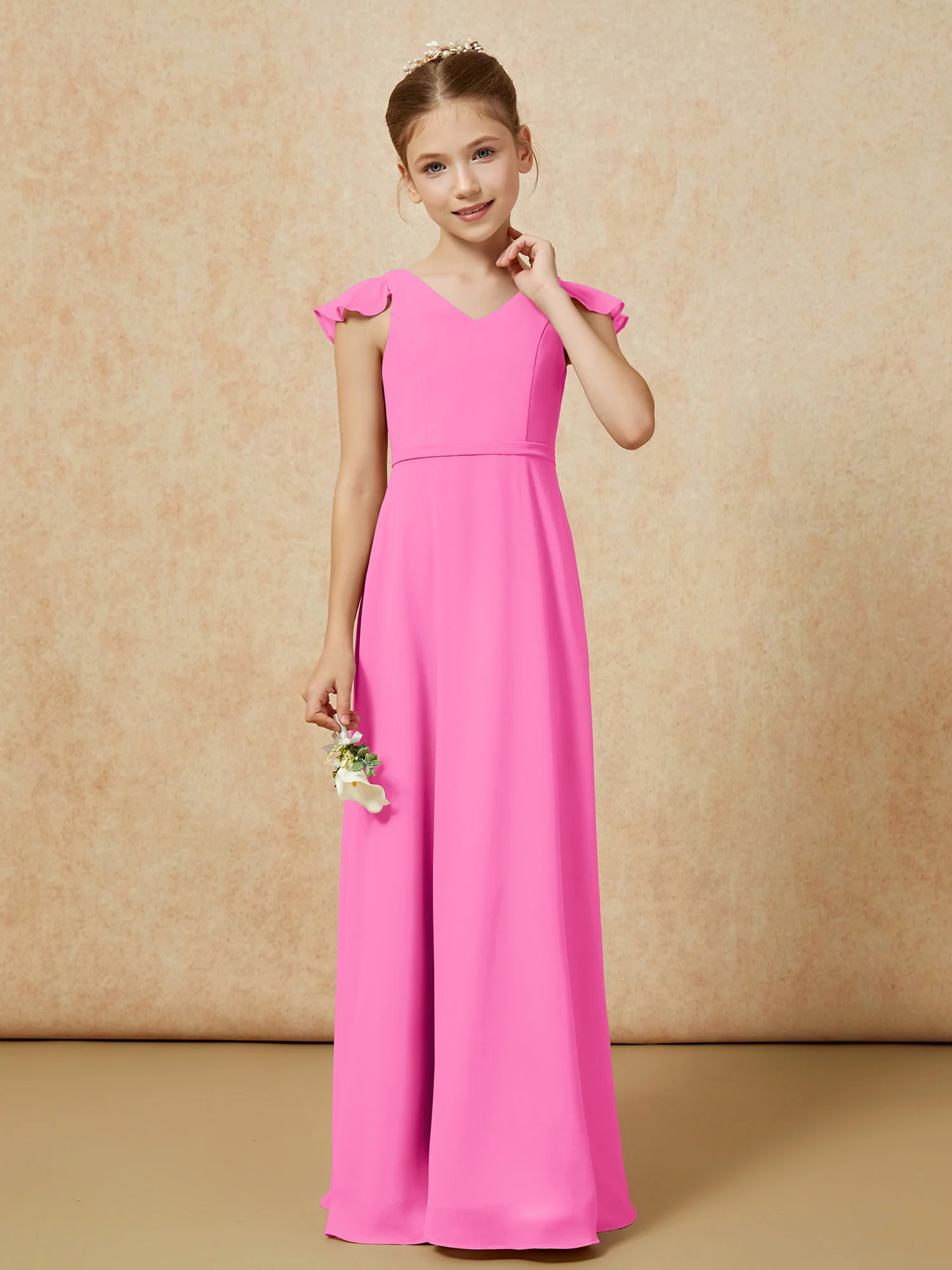 Flutter Sleeves Chiffon A-Line Junior Bridesmaid Dresses Azalea - Image 4