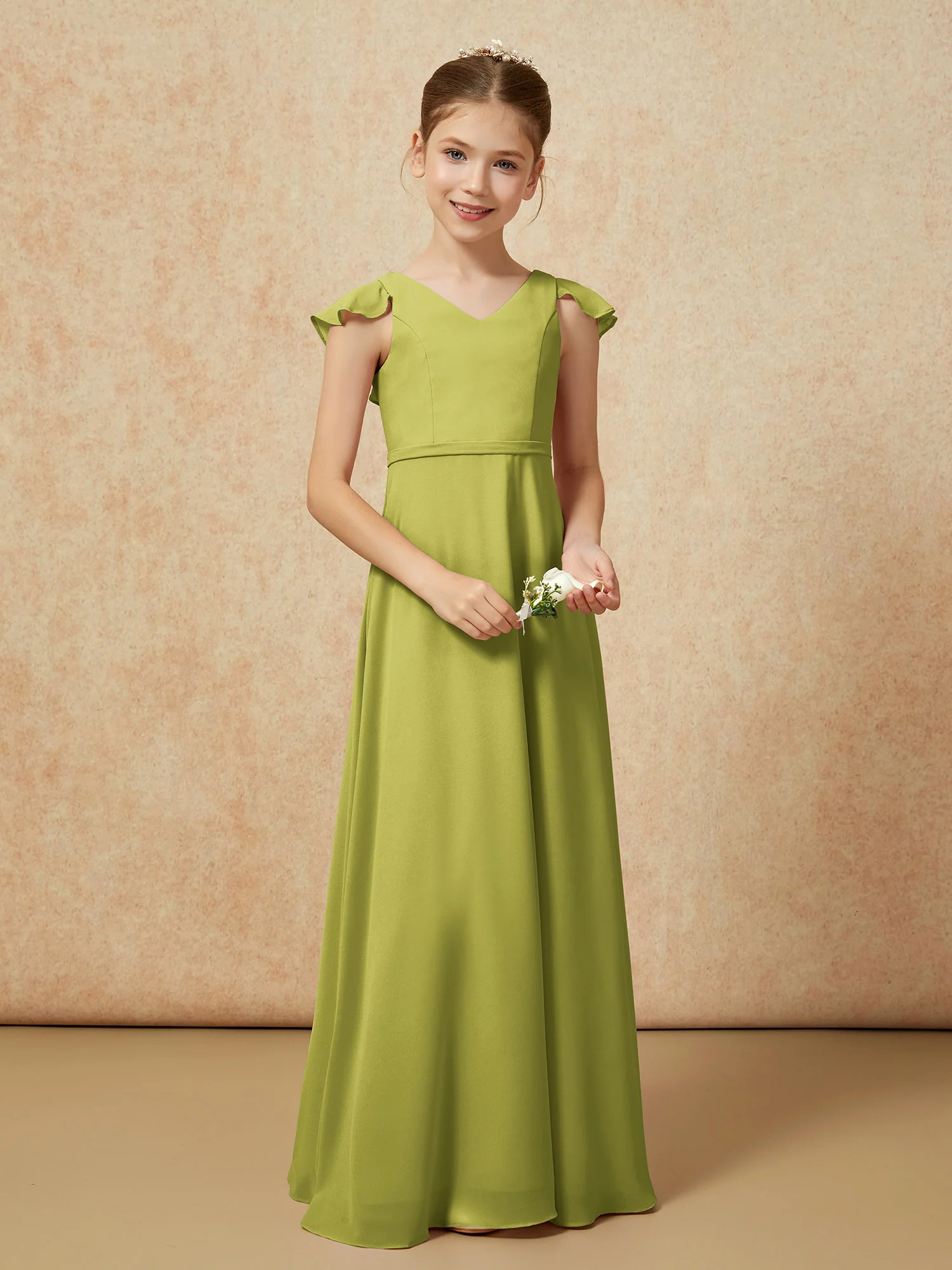Flutter Sleeves Chiffon A-Line Junior Bridesmaid Dresses Clover - Image 5
