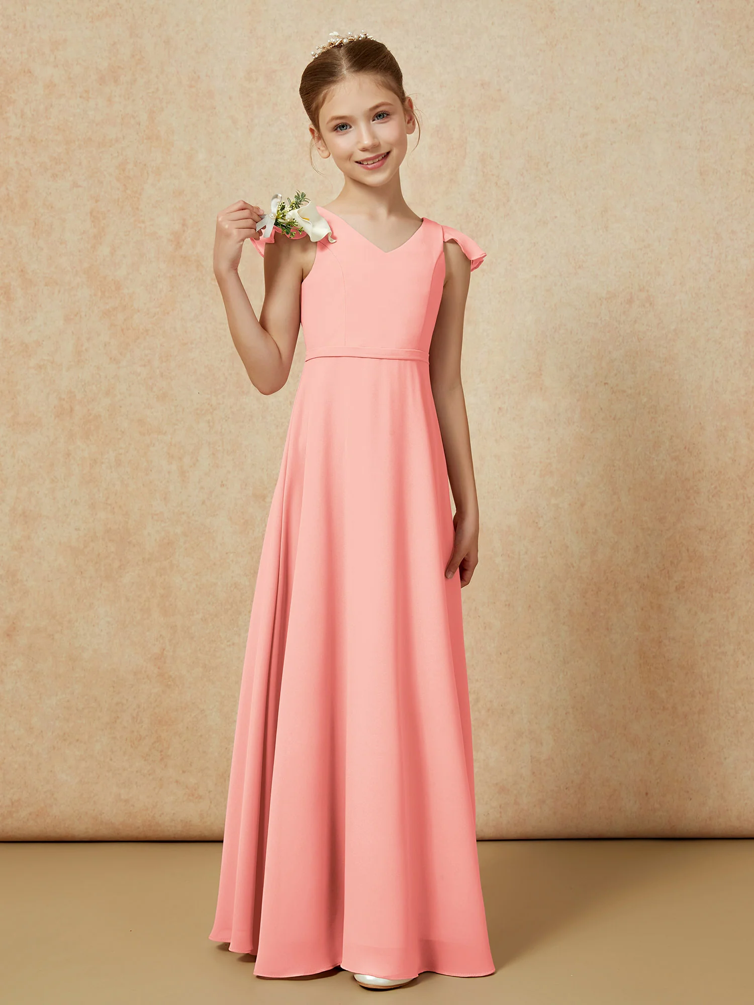 Flutter Sleeves Chiffon A-Line Junior Bridesmaid Dresses Coral