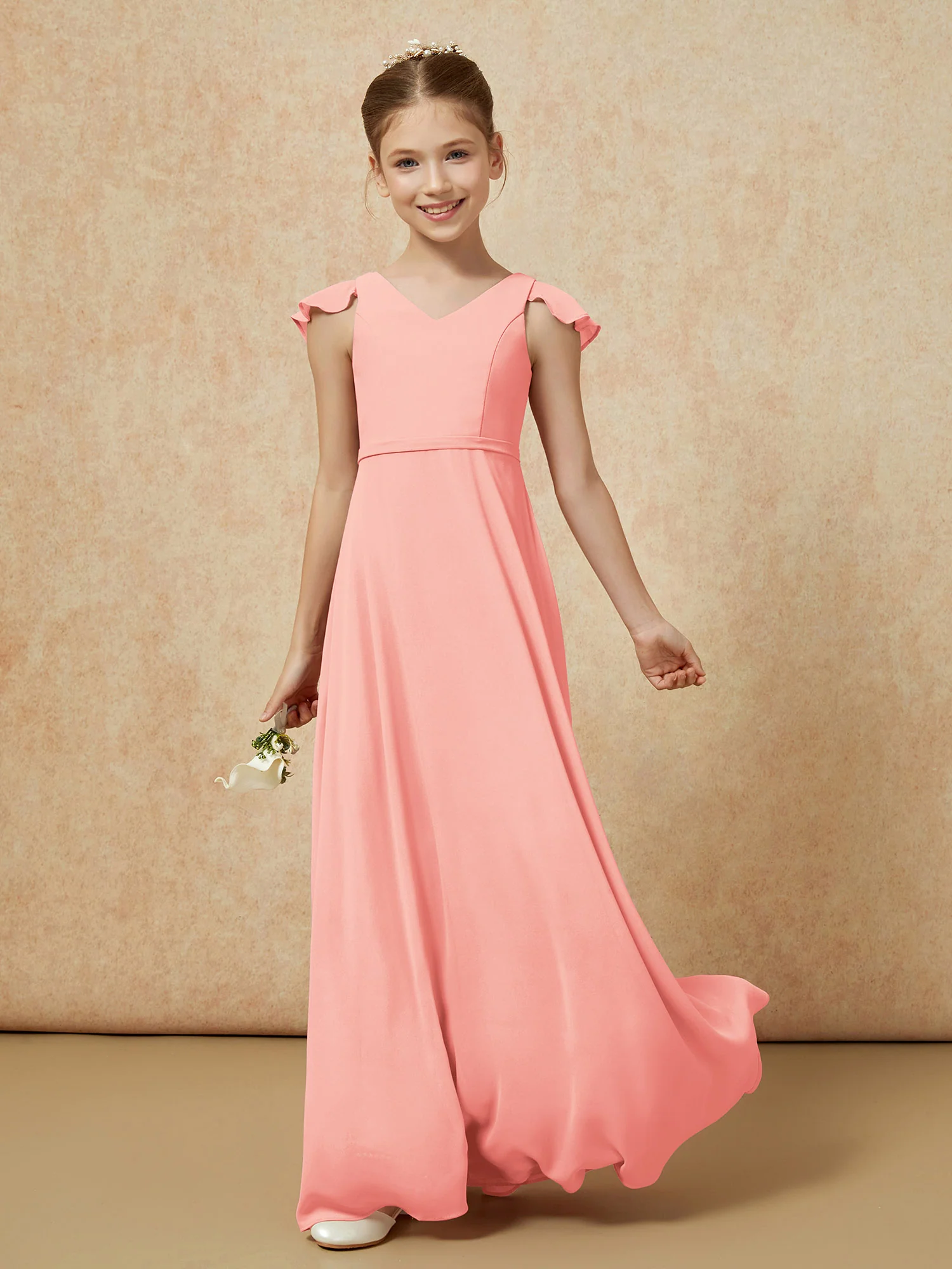 Flutter Sleeves Chiffon A-Line Junior Bridesmaid Dresses Coral - Image 3