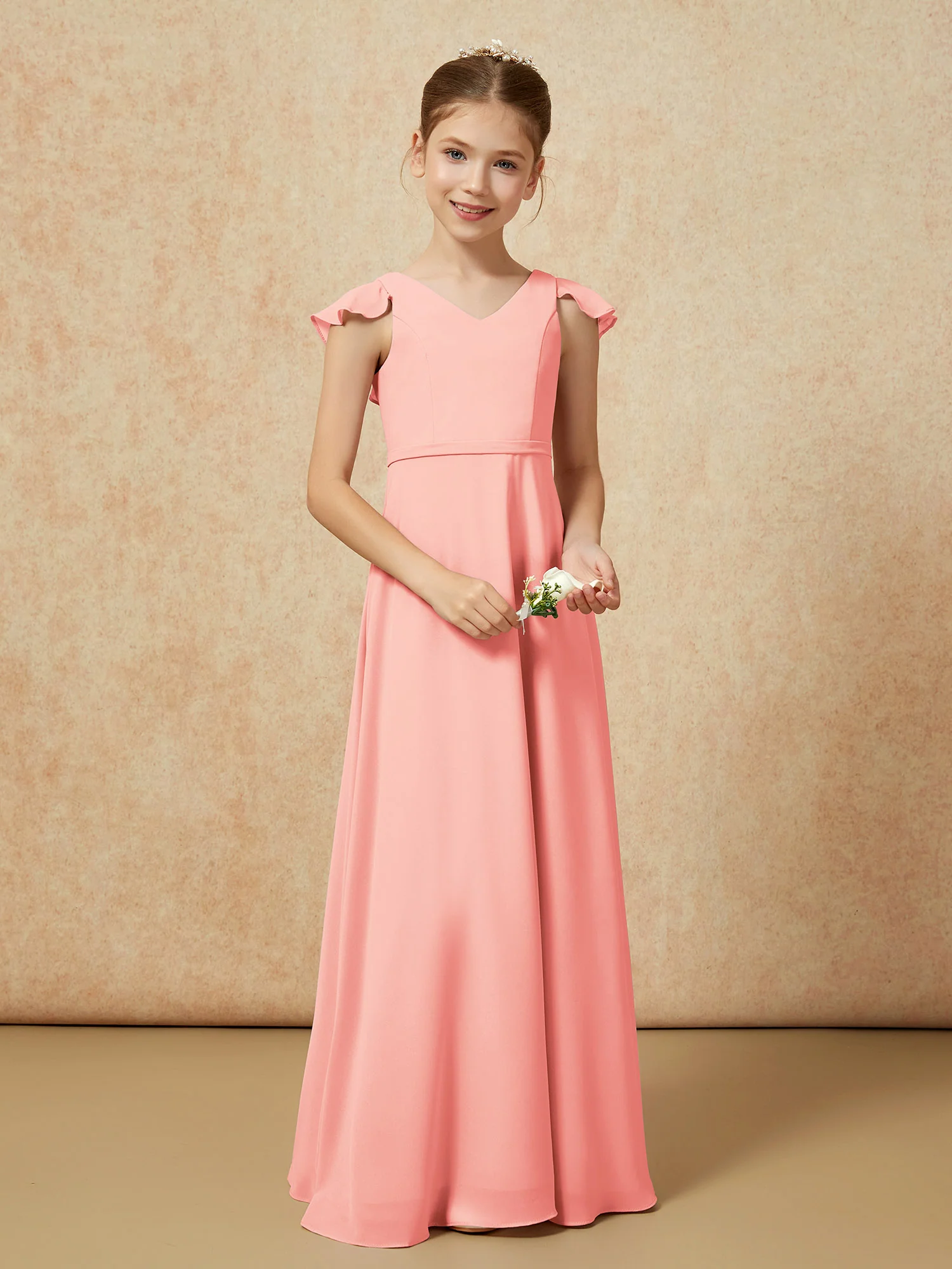 Flutter Sleeves Chiffon A-Line Junior Bridesmaid Dresses Coral - Image 5