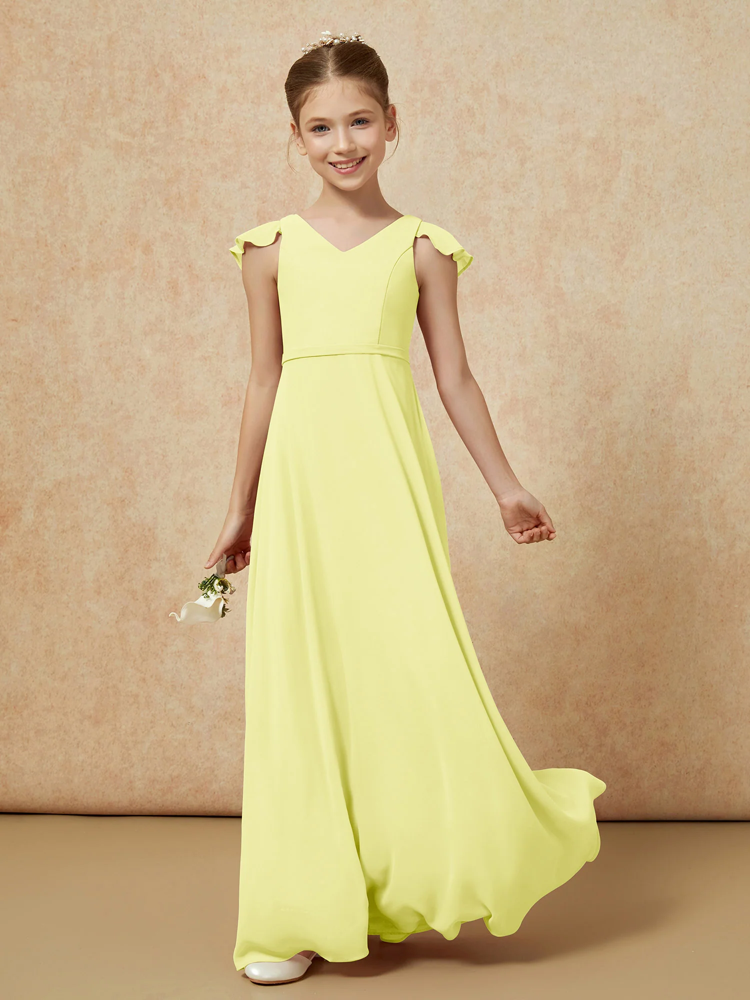 Flutter Sleeves Chiffon A-Line Junior Bridesmaid Dresses Daffodil - Image 3