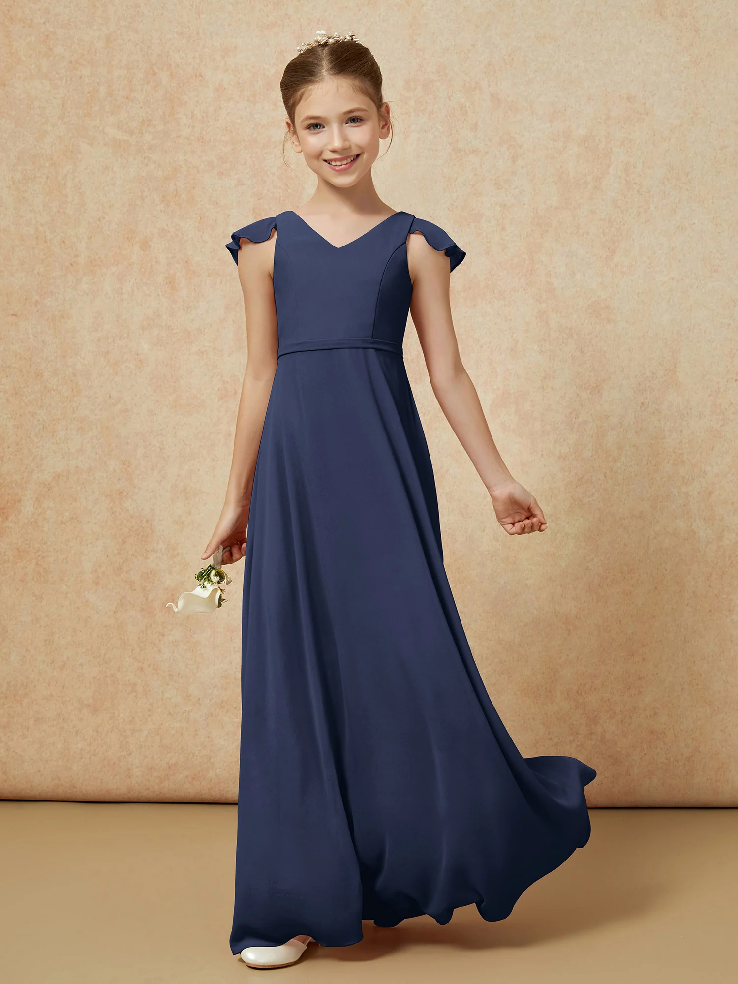 Flutter Sleeves Chiffon A-Line Junior Bridesmaid Dresses Dark Navy - Image 3