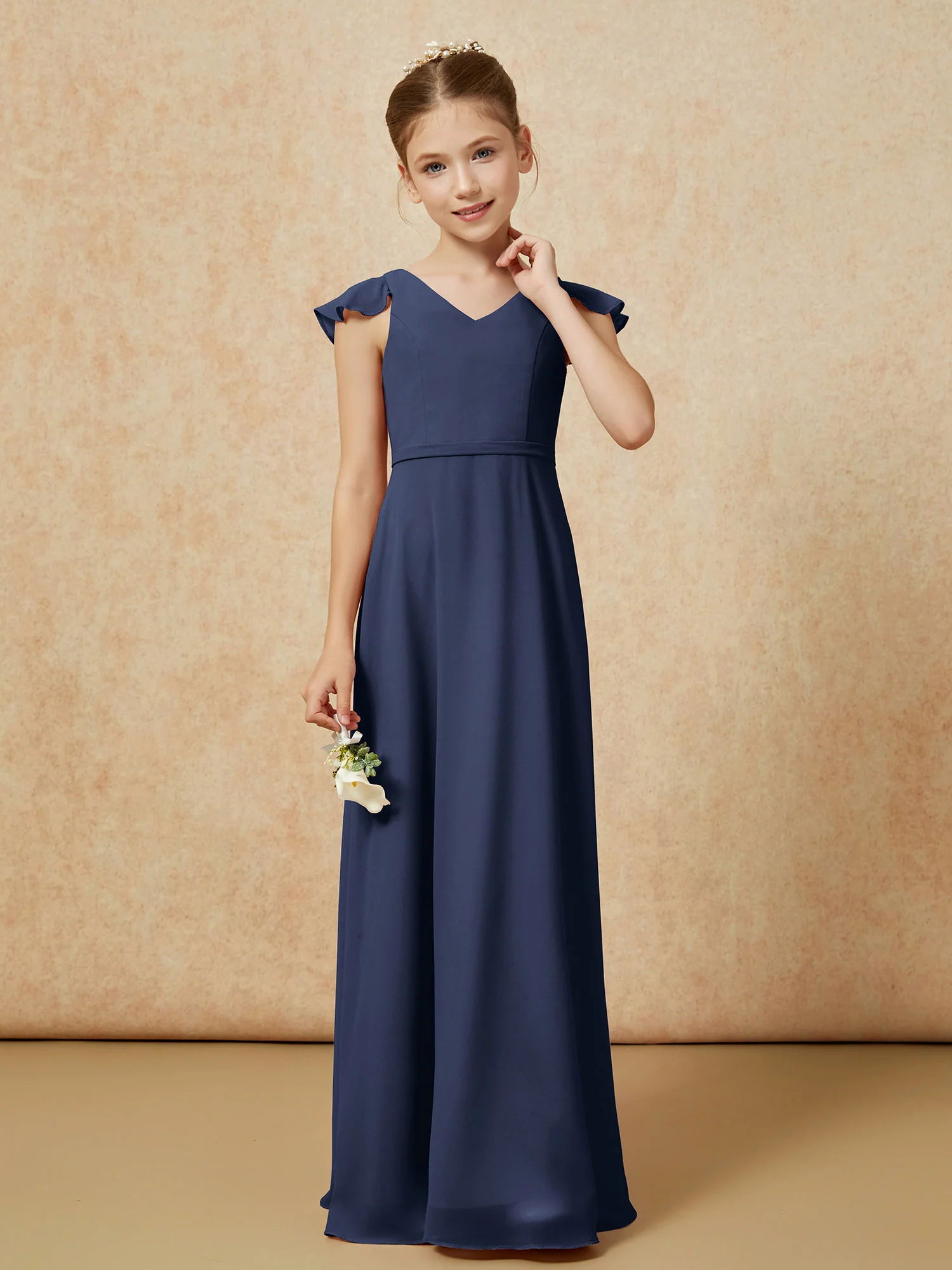 Flutter Sleeves Chiffon A-Line Junior Bridesmaid Dresses Dark Navy - Image 4