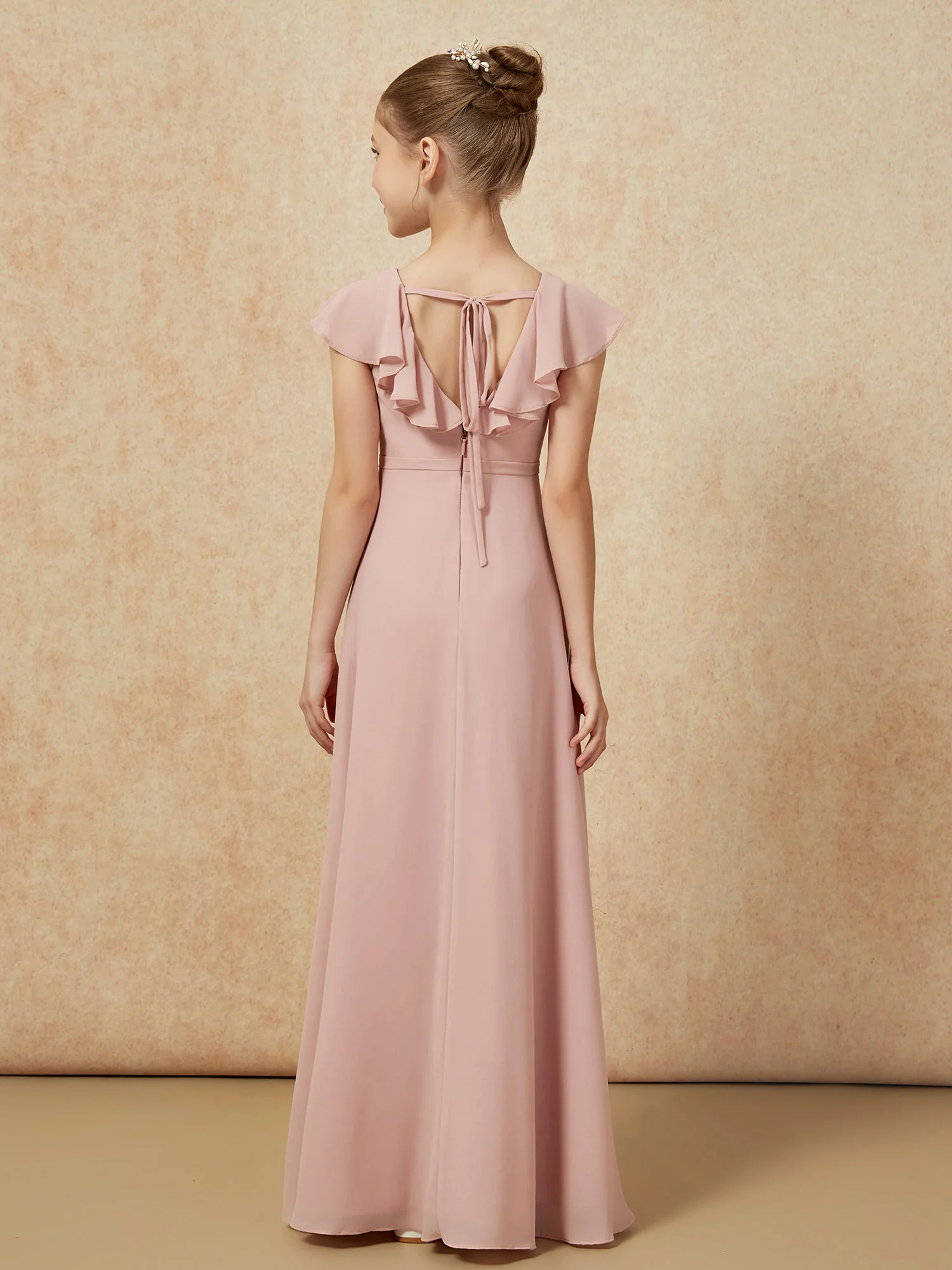 Flutter Sleeves Chiffon A-Line Junior Bridesmaid Dresses Dusty Rose - Image 2
