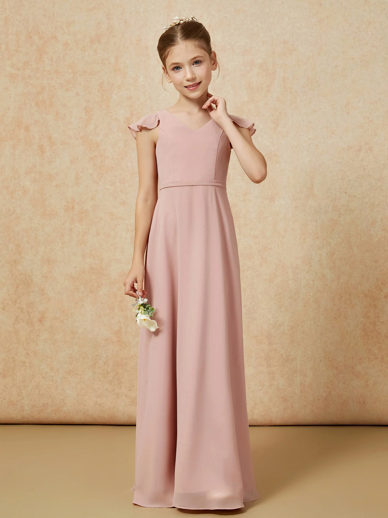 Flutter Sleeves Chiffon A-Line Junior Bridesmaid Dresses Dusty Rose - Image 4
