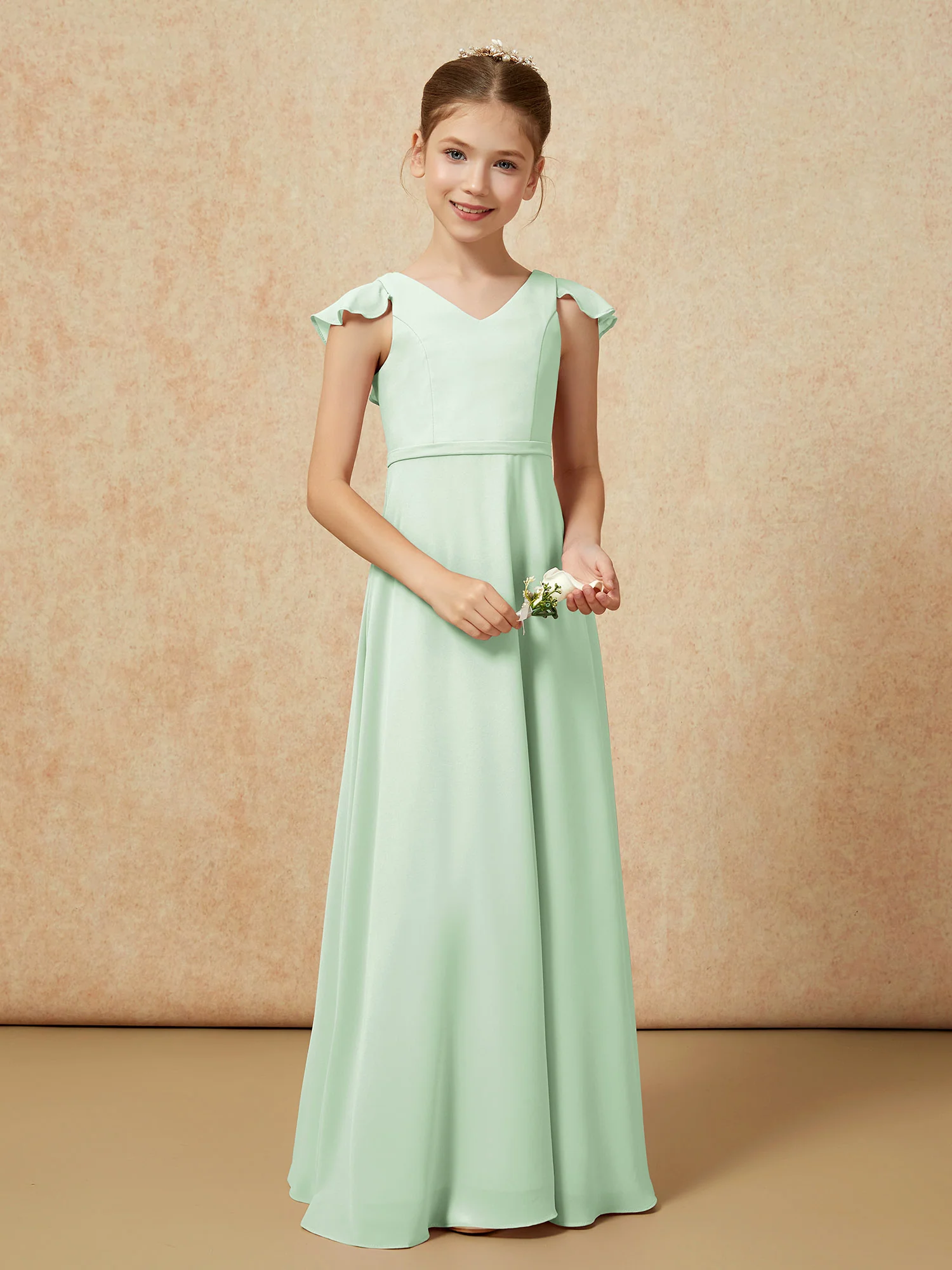 Flutter Sleeves Chiffon A-Line Junior Bridesmaid Dresses Dusty Sage - Image 5