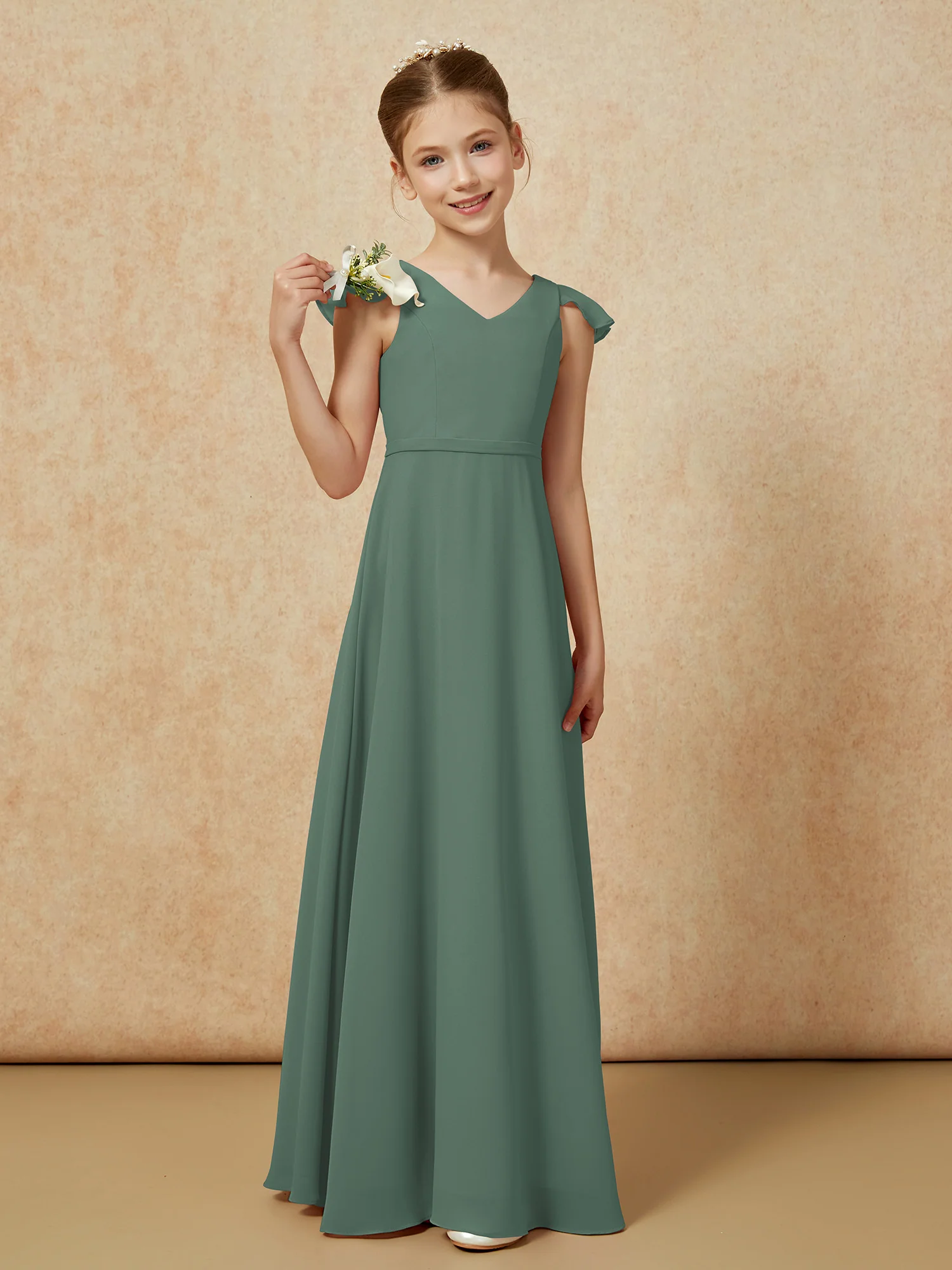 Flutter Sleeves Chiffon A-Line Junior Bridesmaid Dresses Eucalyptus
