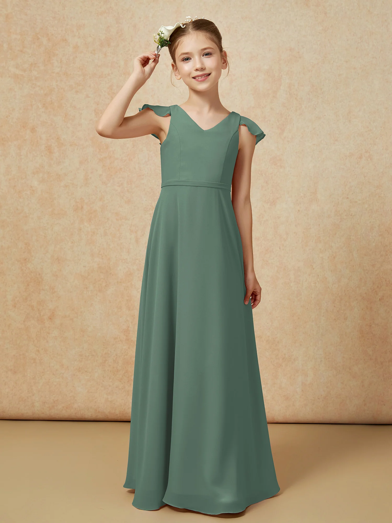 Flutter Sleeves Chiffon A-Line Junior Bridesmaid Dresses Eucalyptus - Image 6