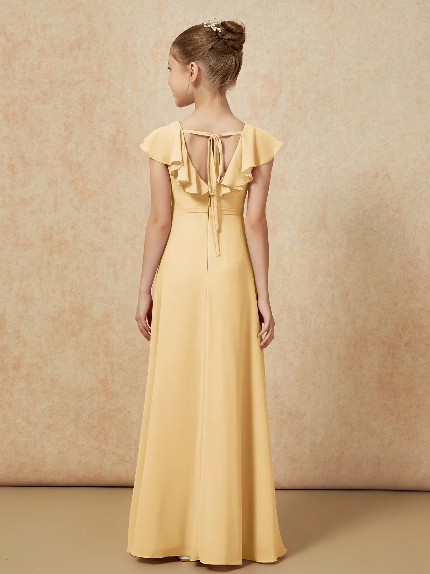 Flutter Sleeves Chiffon A-Line Junior Bridesmaid Dresses Gold - Image 2
