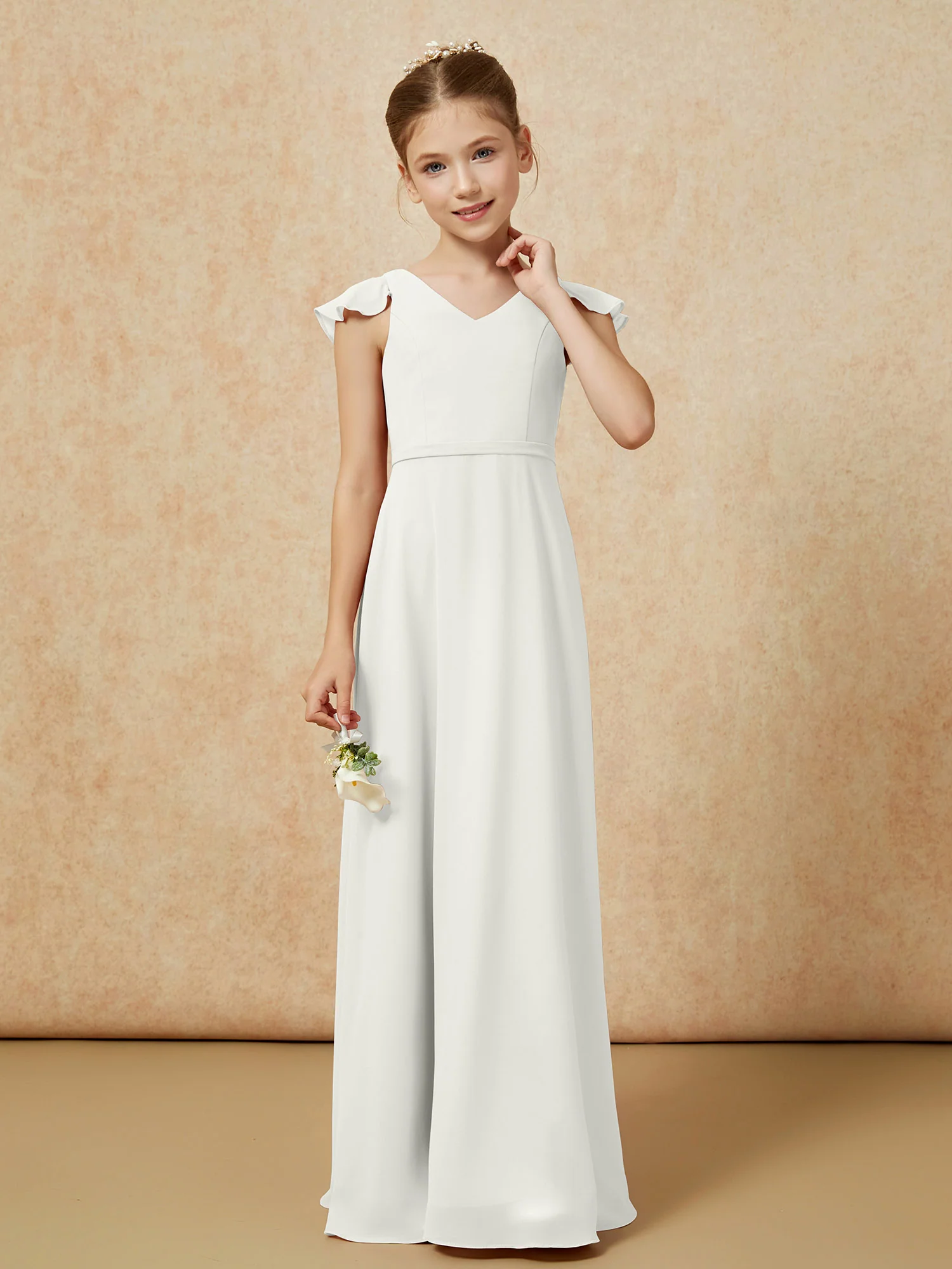 Flutter Sleeves Chiffon A-Line Junior Bridesmaid Dresses Ivory - Image 4
