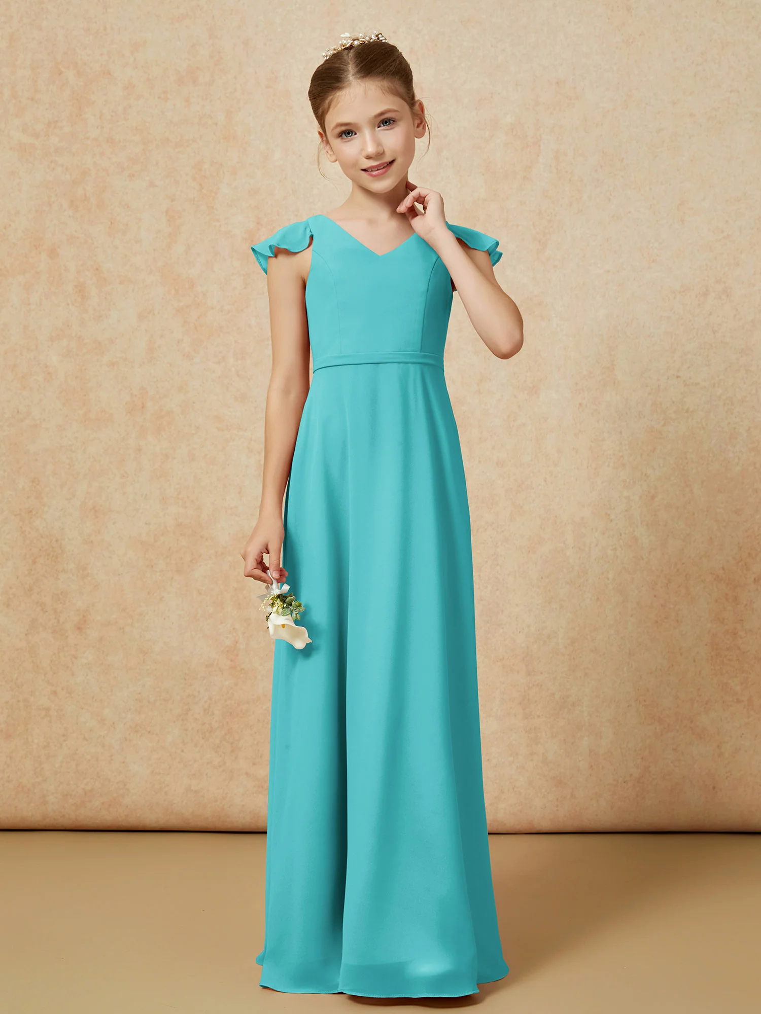 Flutter Sleeves Chiffon A-Line Junior Bridesmaid Dresses Jade - Image 4
