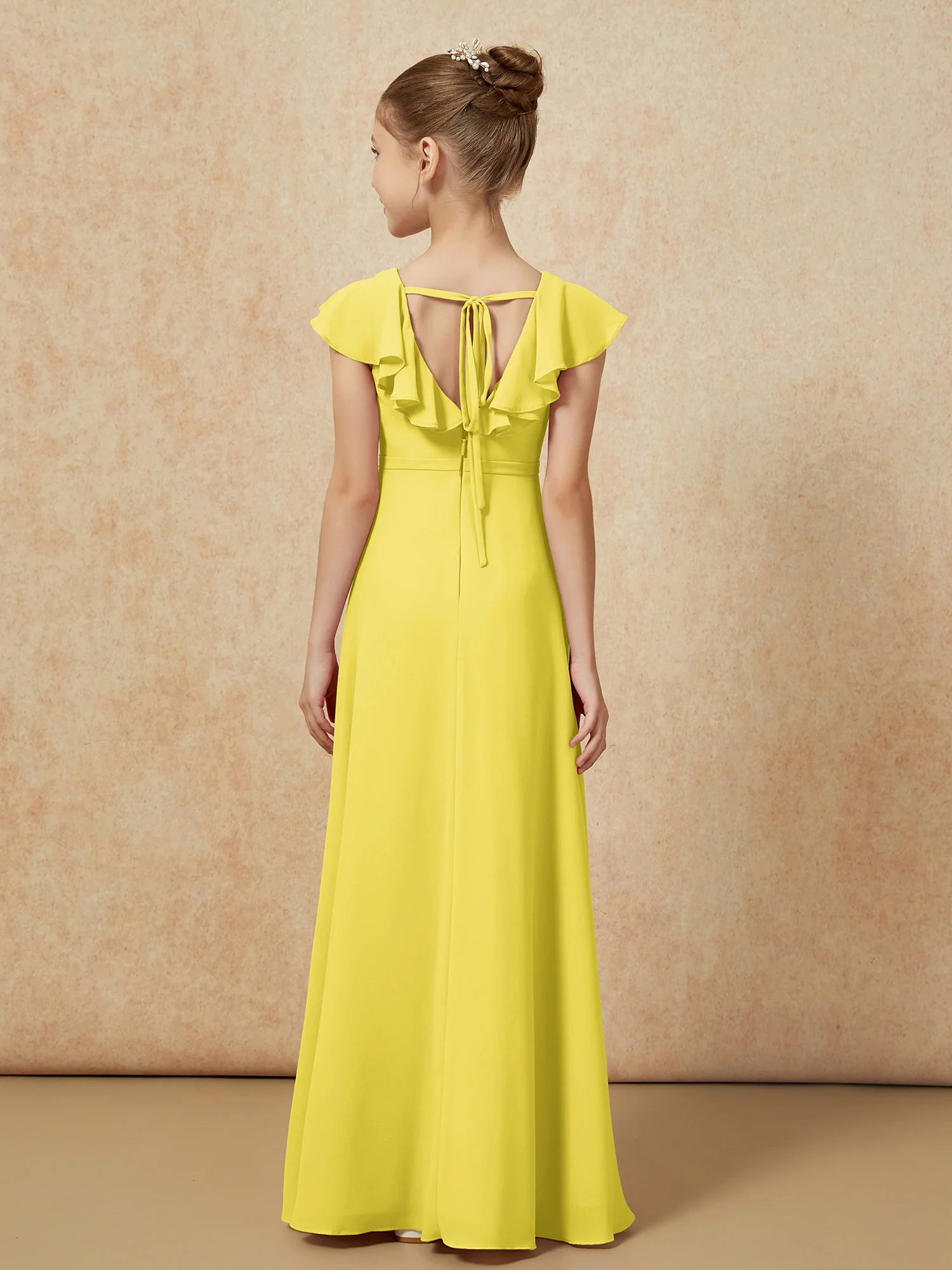 Flutter Sleeves Chiffon A-Line Junior Bridesmaid Dresses Lemon - Image 2