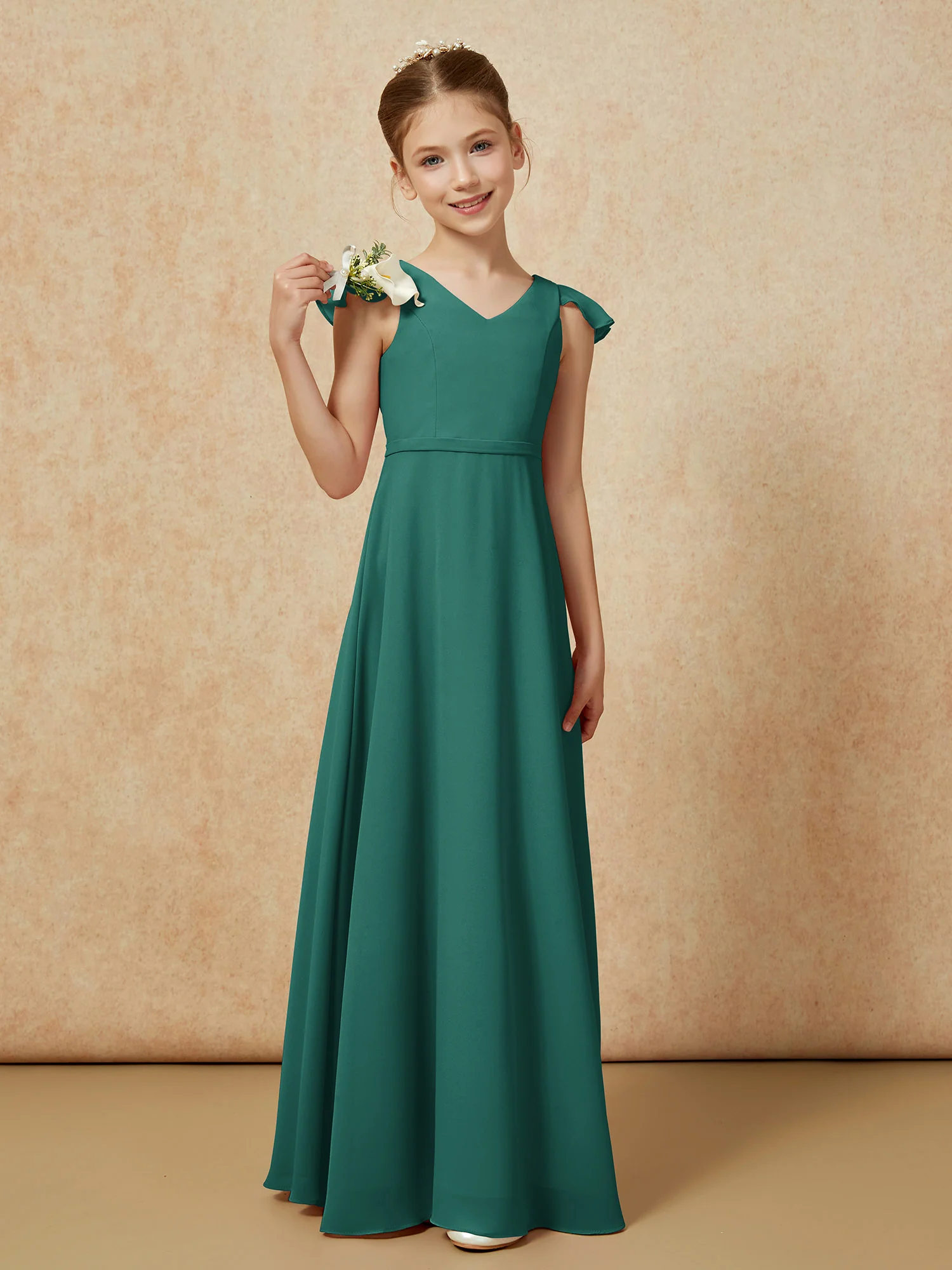 Flutter Sleeves Chiffon A-Line Junior Bridesmaid Dresses Peacock