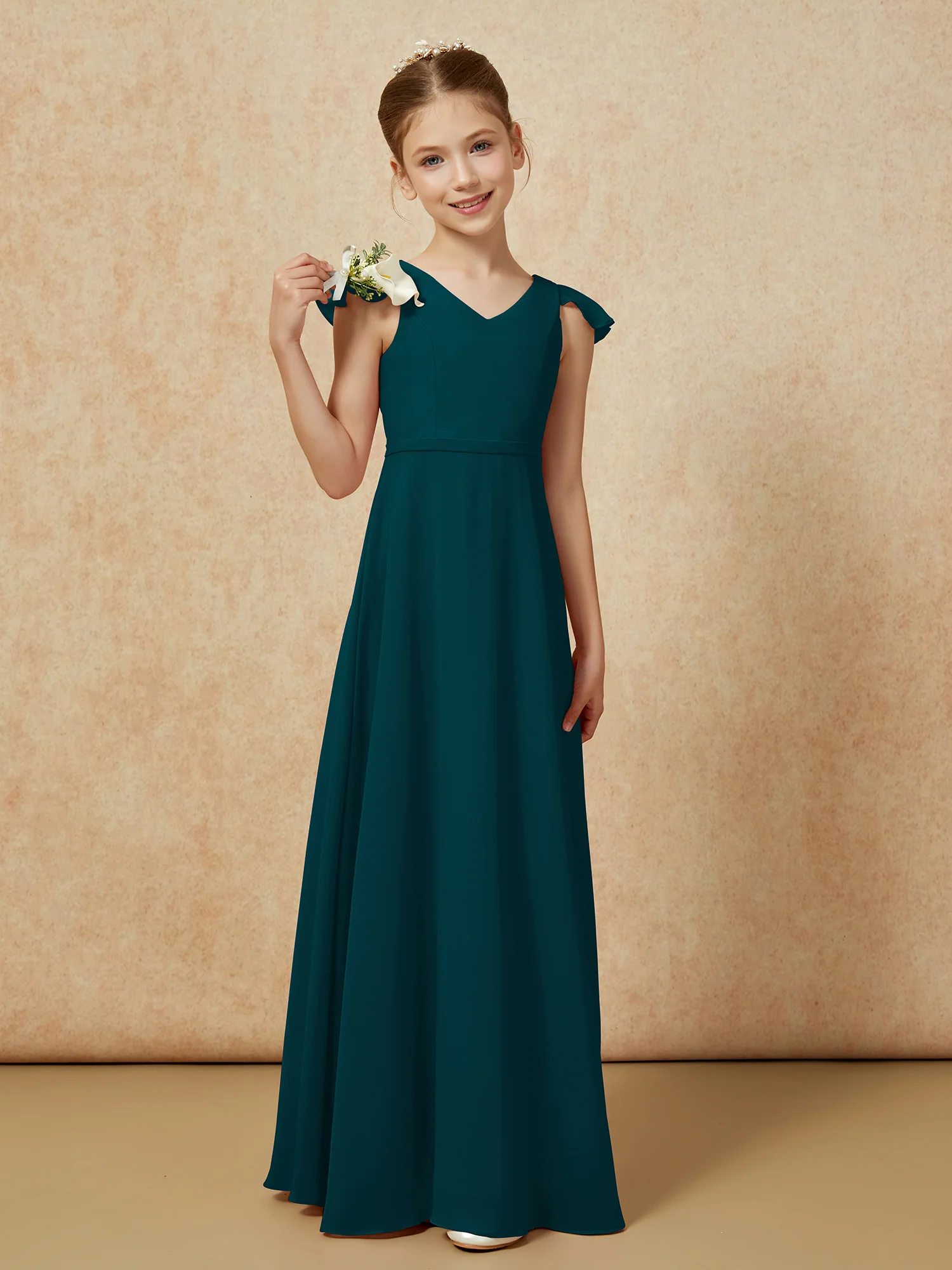 Flutter Sleeves Chiffon A-Line Junior Bridesmaid Dresses Pine