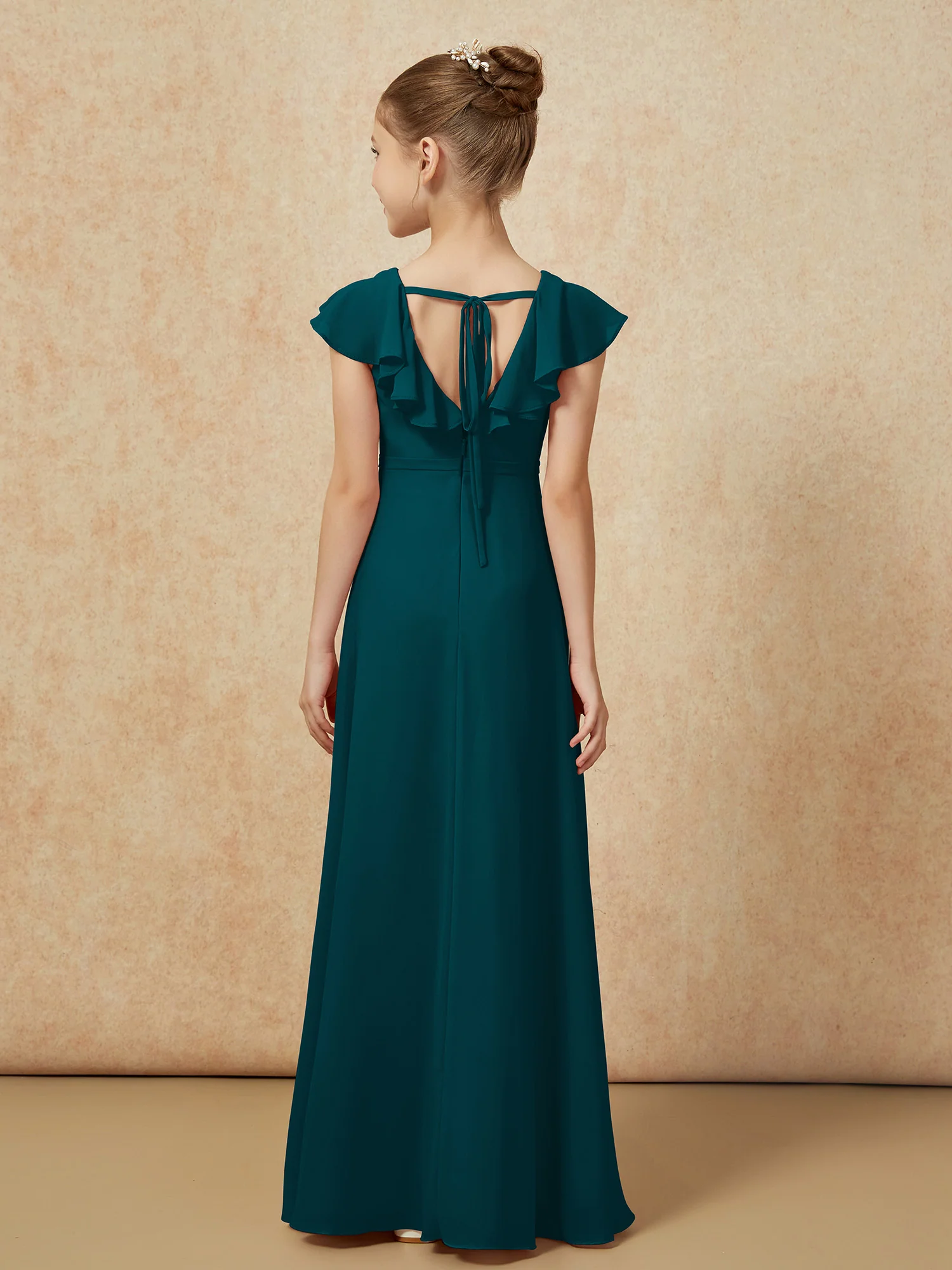 Flutter Sleeves Chiffon A-Line Junior Bridesmaid Dresses Pine - Image 2
