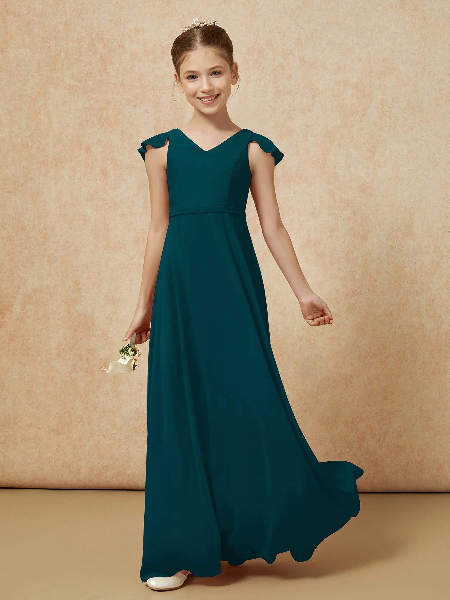 Flutter Sleeves Chiffon A-Line Junior Bridesmaid Dresses Pine - Image 3