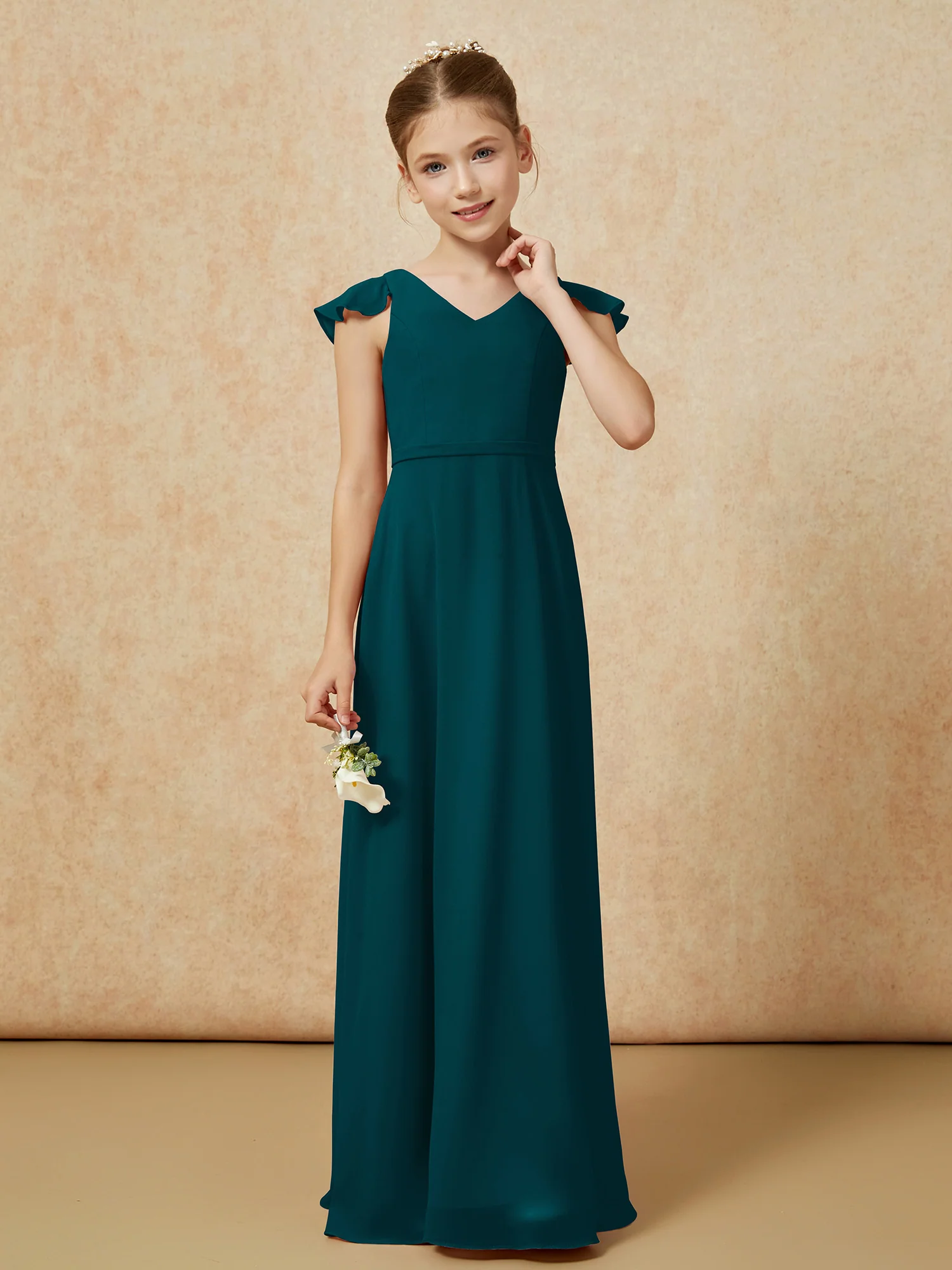 Flutter Sleeves Chiffon A-Line Junior Bridesmaid Dresses Pine - Image 4
