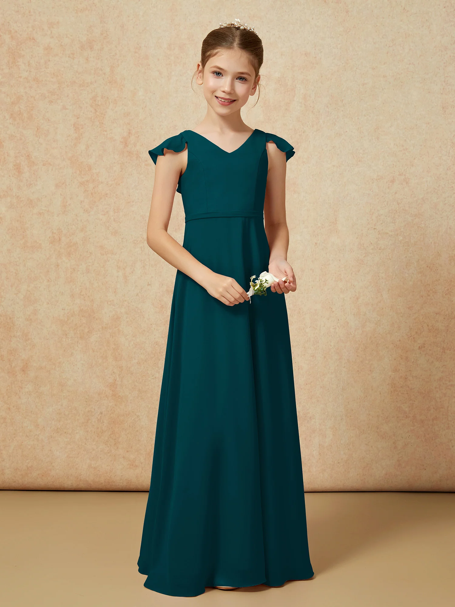Flutter Sleeves Chiffon A-Line Junior Bridesmaid Dresses Pine - Image 5