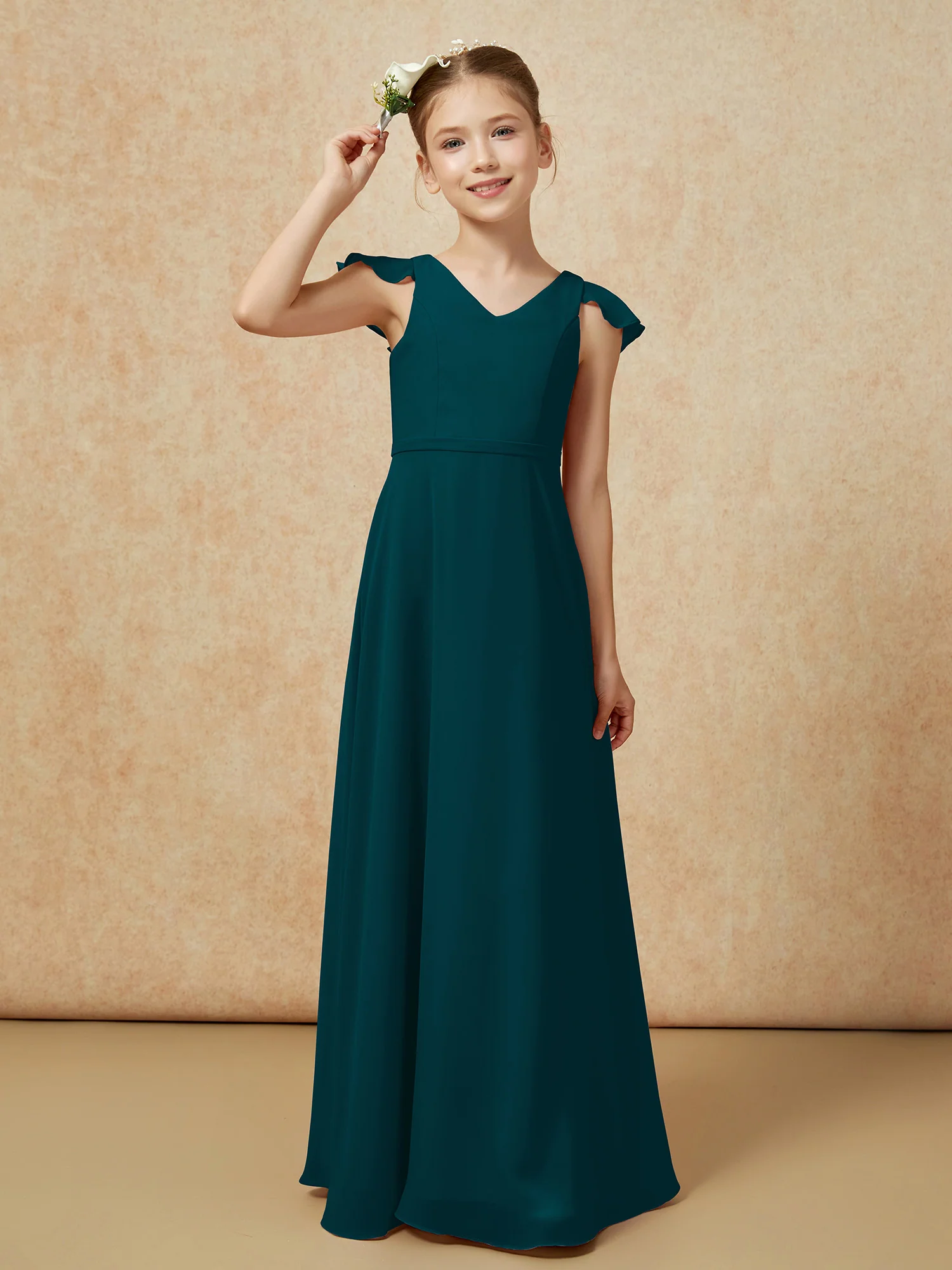 Flutter Sleeves Chiffon A-Line Junior Bridesmaid Dresses Pine - Image 6