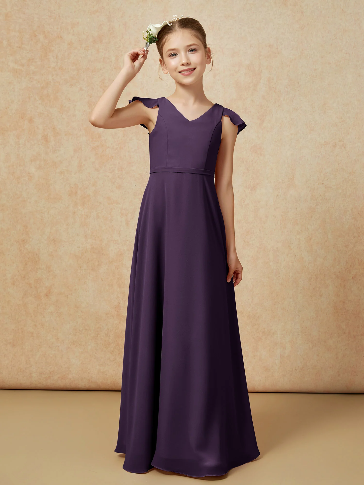 Flutter Sleeves Chiffon A-Line Junior Bridesmaid Dresses Plum - Image 6