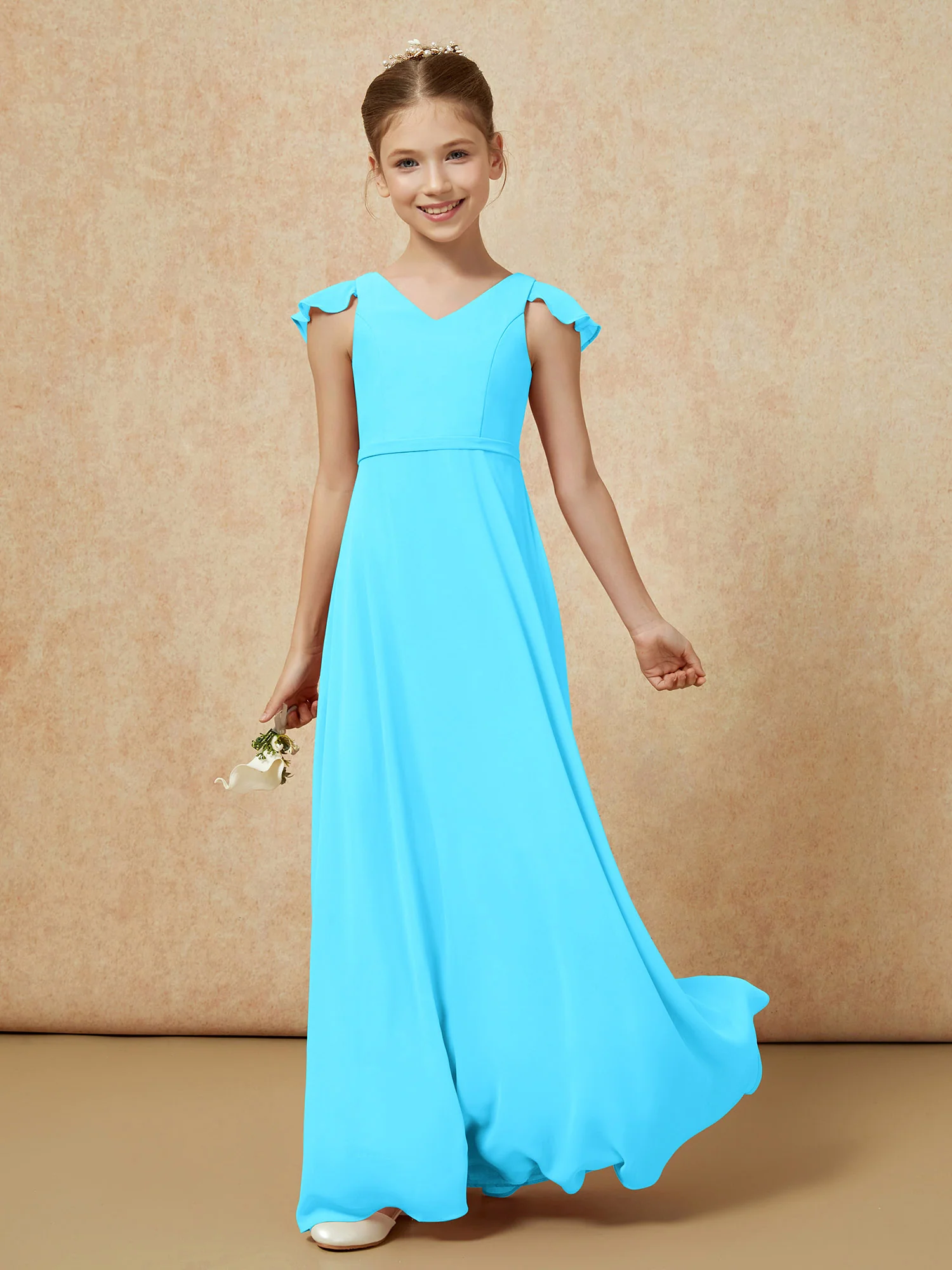 Flutter Sleeves Chiffon A-Line Junior Bridesmaid Dresses Pool - Image 3
