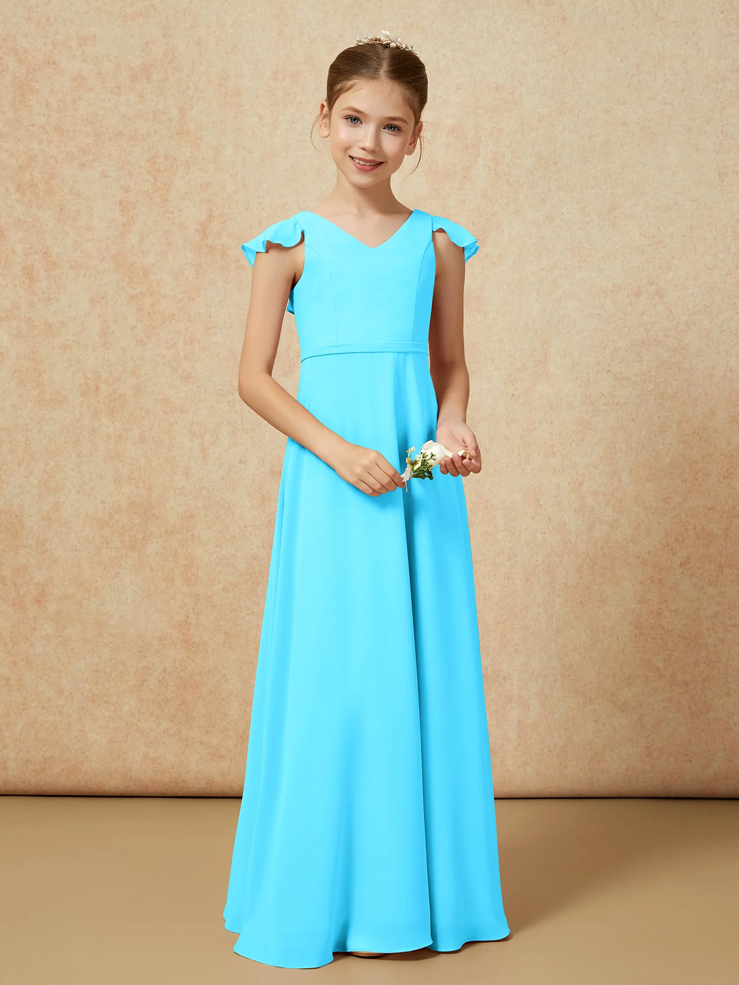 Flutter Sleeves Chiffon A-Line Junior Bridesmaid Dresses Pool - Image 5