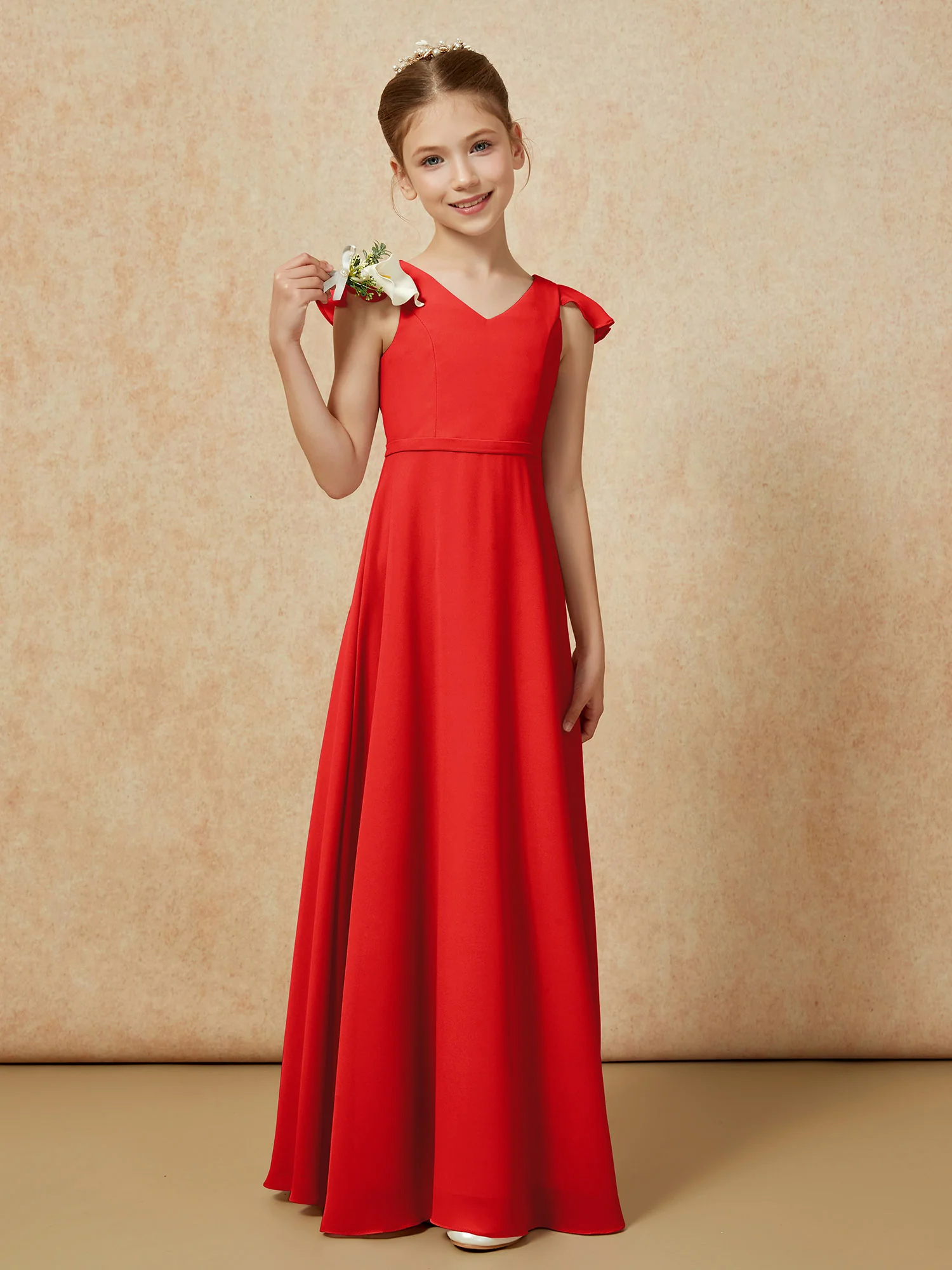 Flutter Sleeves Chiffon A-Line Junior Bridesmaid Dresses Red