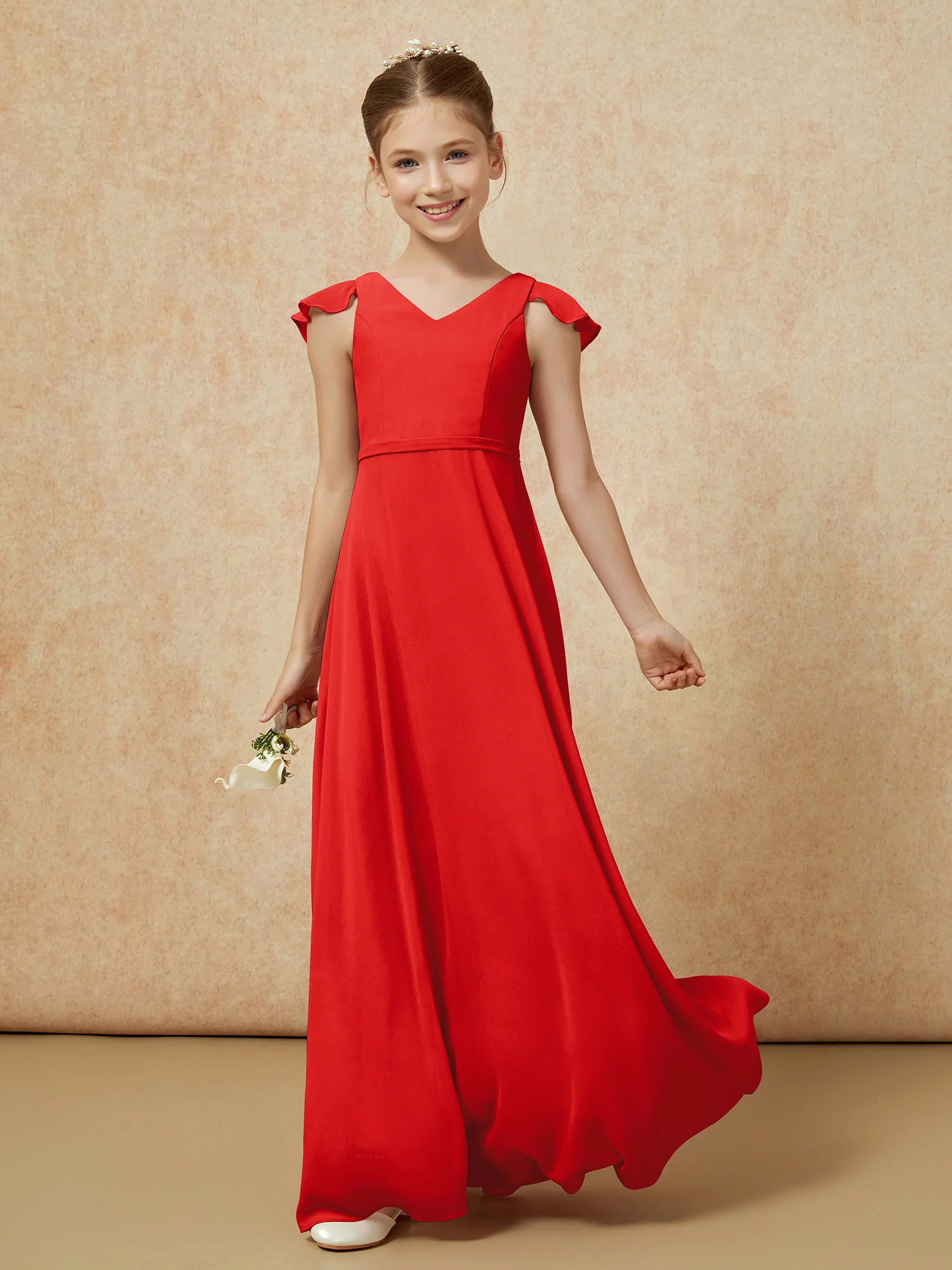 Flutter Sleeves Chiffon A-Line Junior Bridesmaid Dresses Red - Image 3