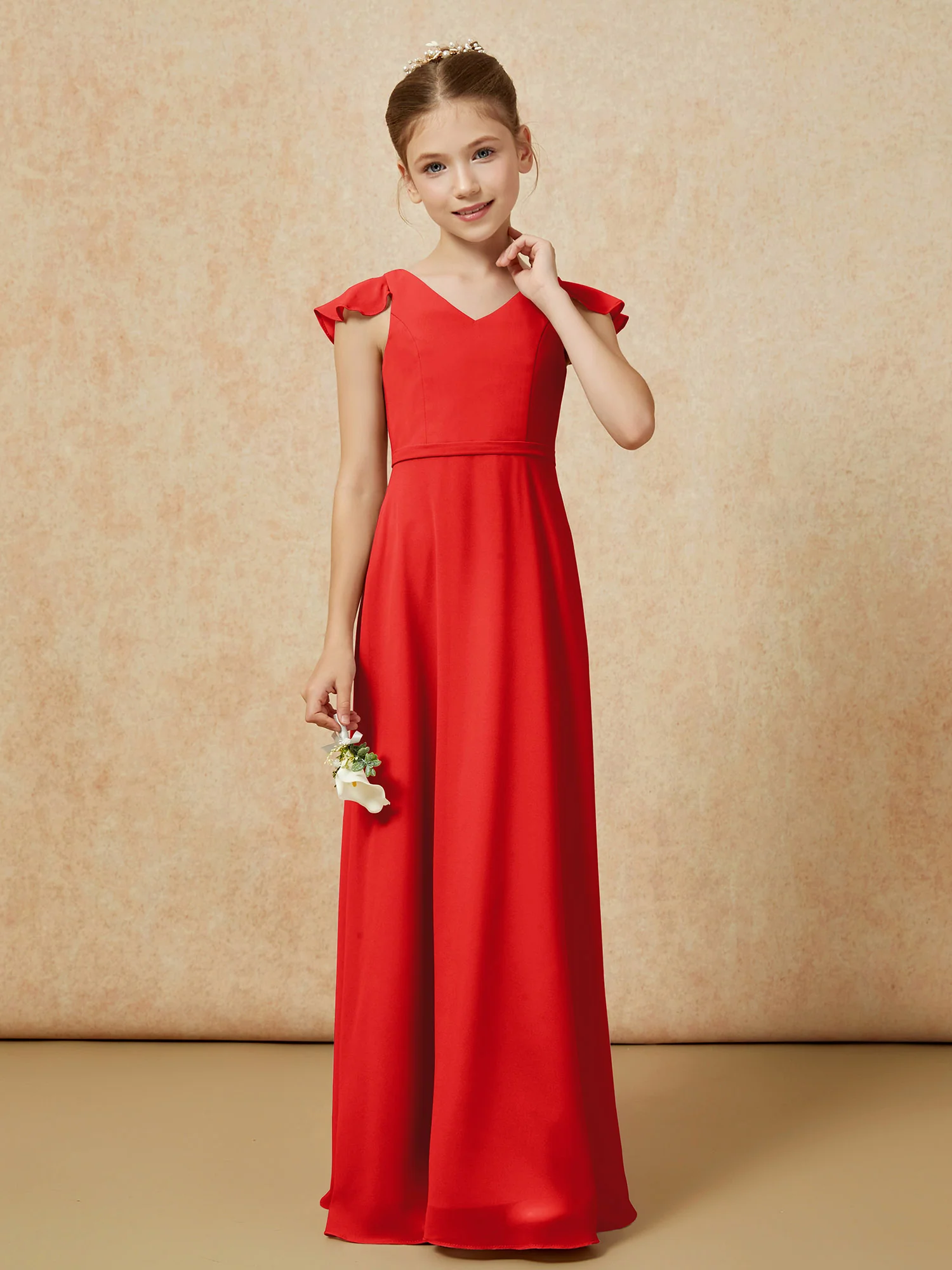 Flutter Sleeves Chiffon A-Line Junior Bridesmaid Dresses Red - Image 4