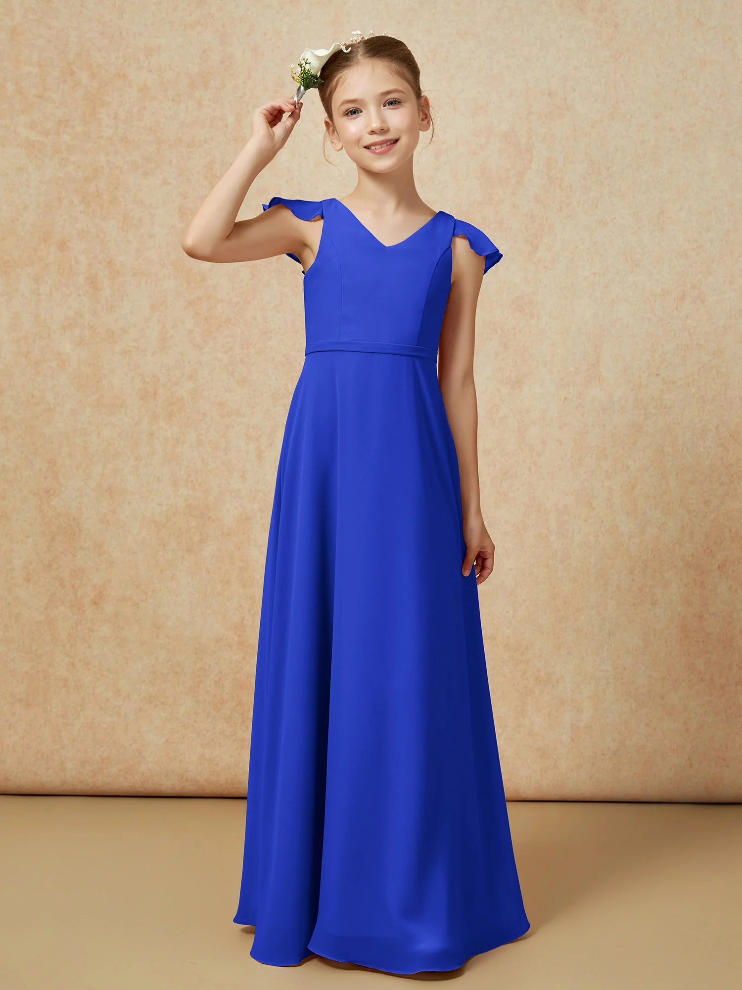 Flutter Sleeves Chiffon A-Line Junior Bridesmaid Dresses Royal Blue - Image 6