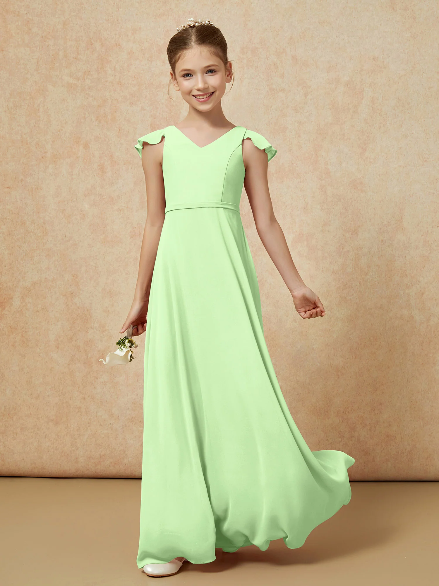 Flutter Sleeves Chiffon A-Line Junior Bridesmaid Dresses Sage - Image 3