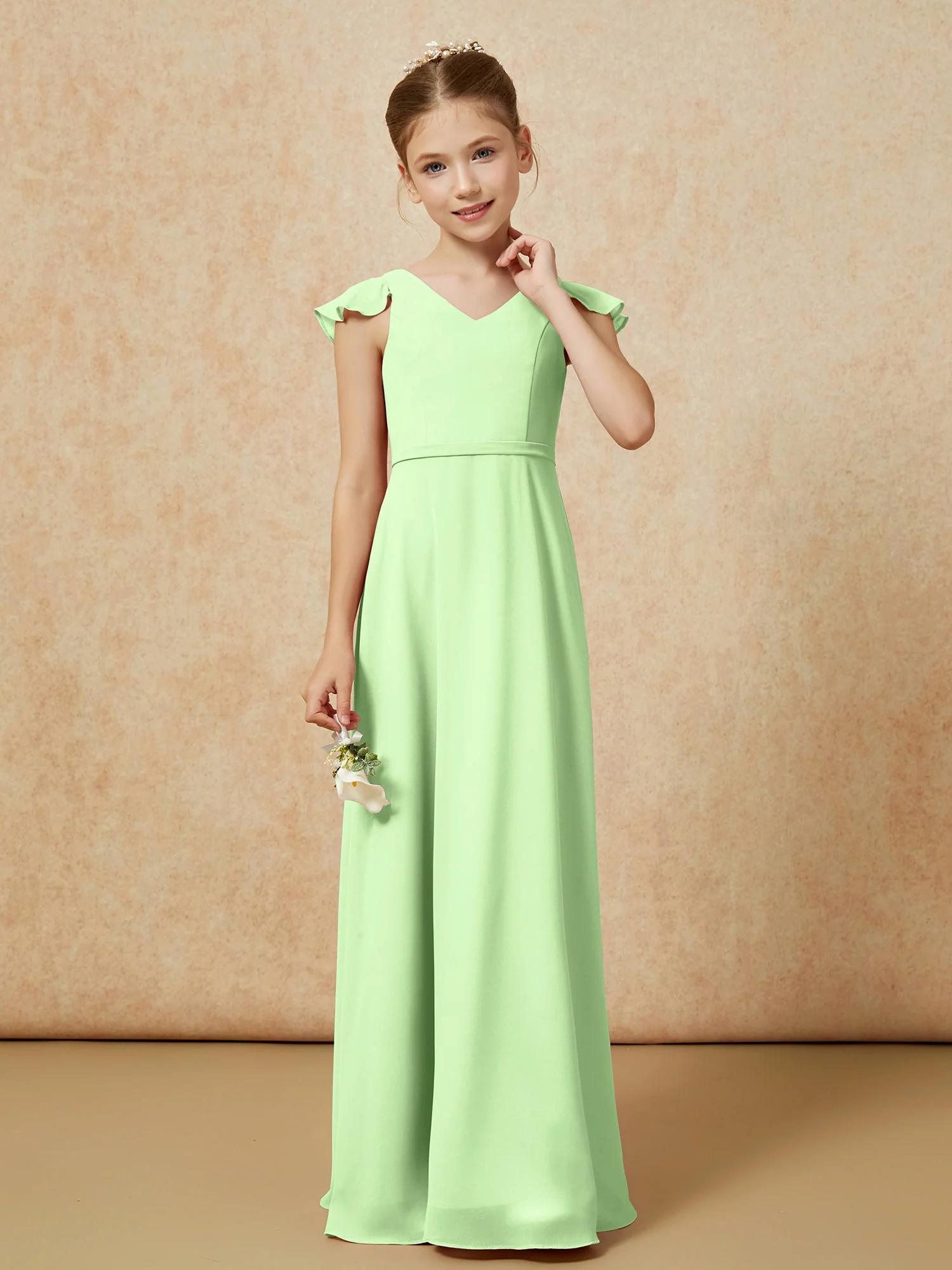 Flutter Sleeves Chiffon A-Line Junior Bridesmaid Dresses Sage - Image 4