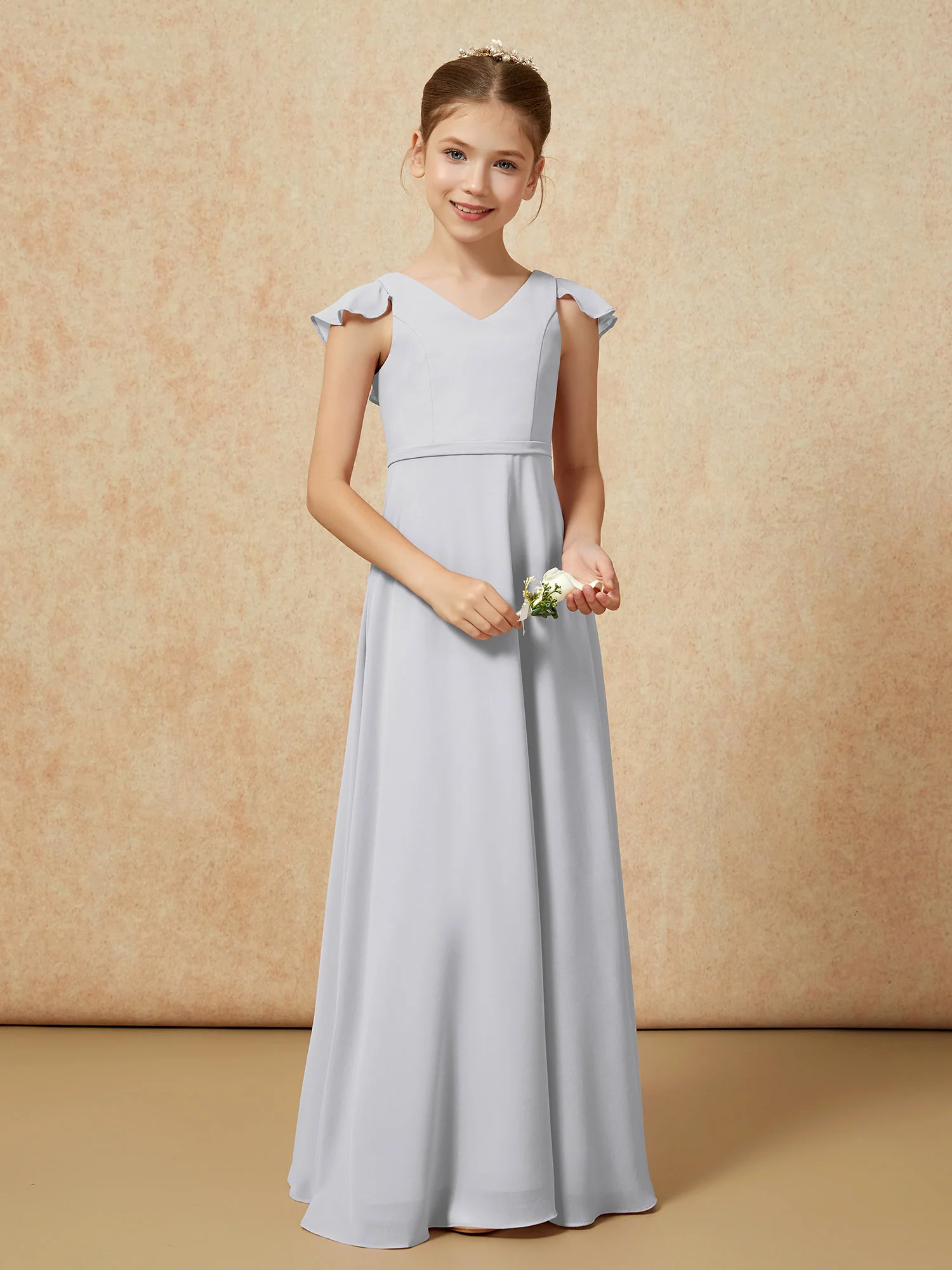 Flutter Sleeves Chiffon A-Line Junior Bridesmaid Dresses Silver - Image 5