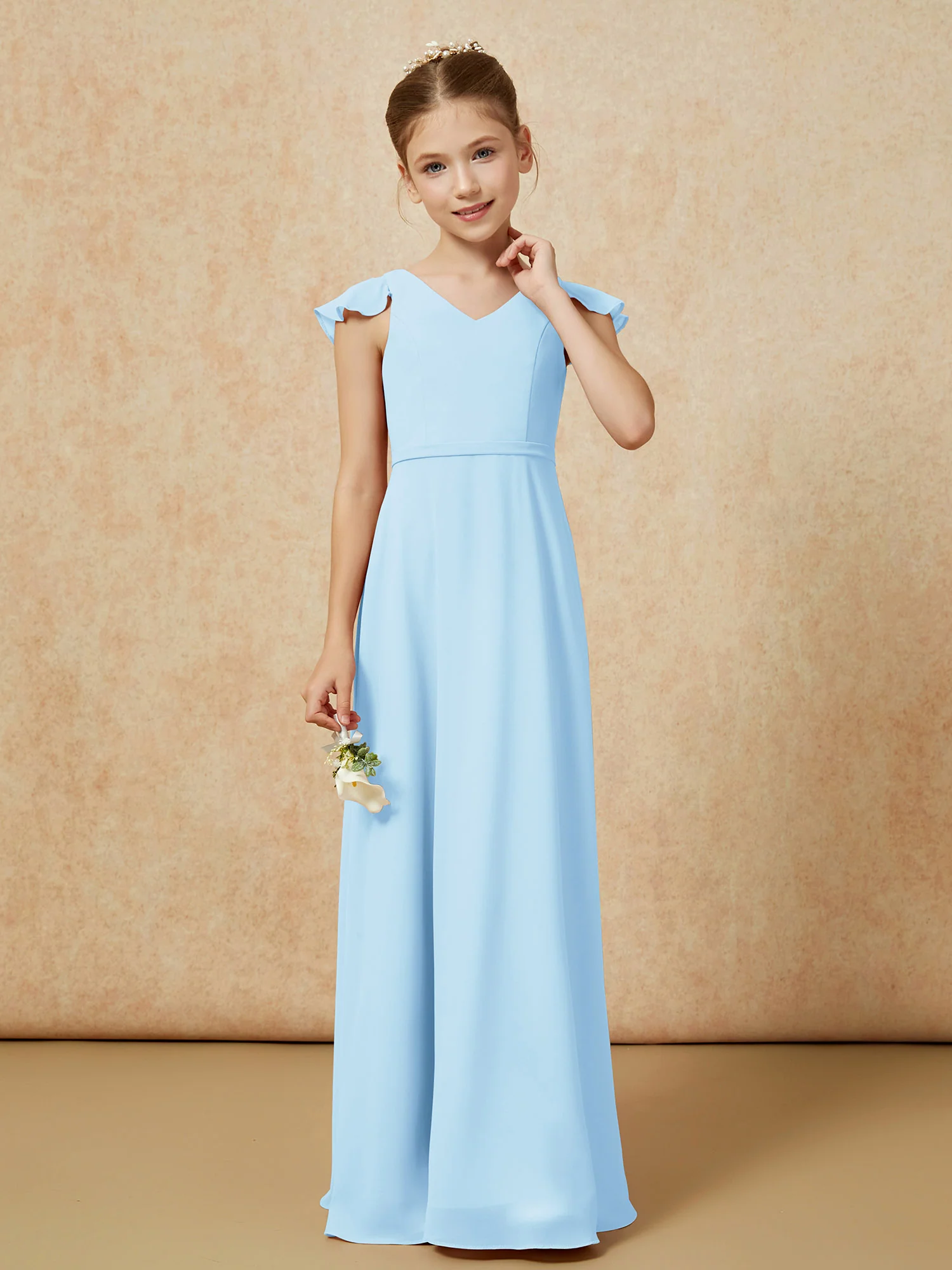 Flutter Sleeves Chiffon A-Line Junior Bridesmaid Dresses Sky Blue - Image 4